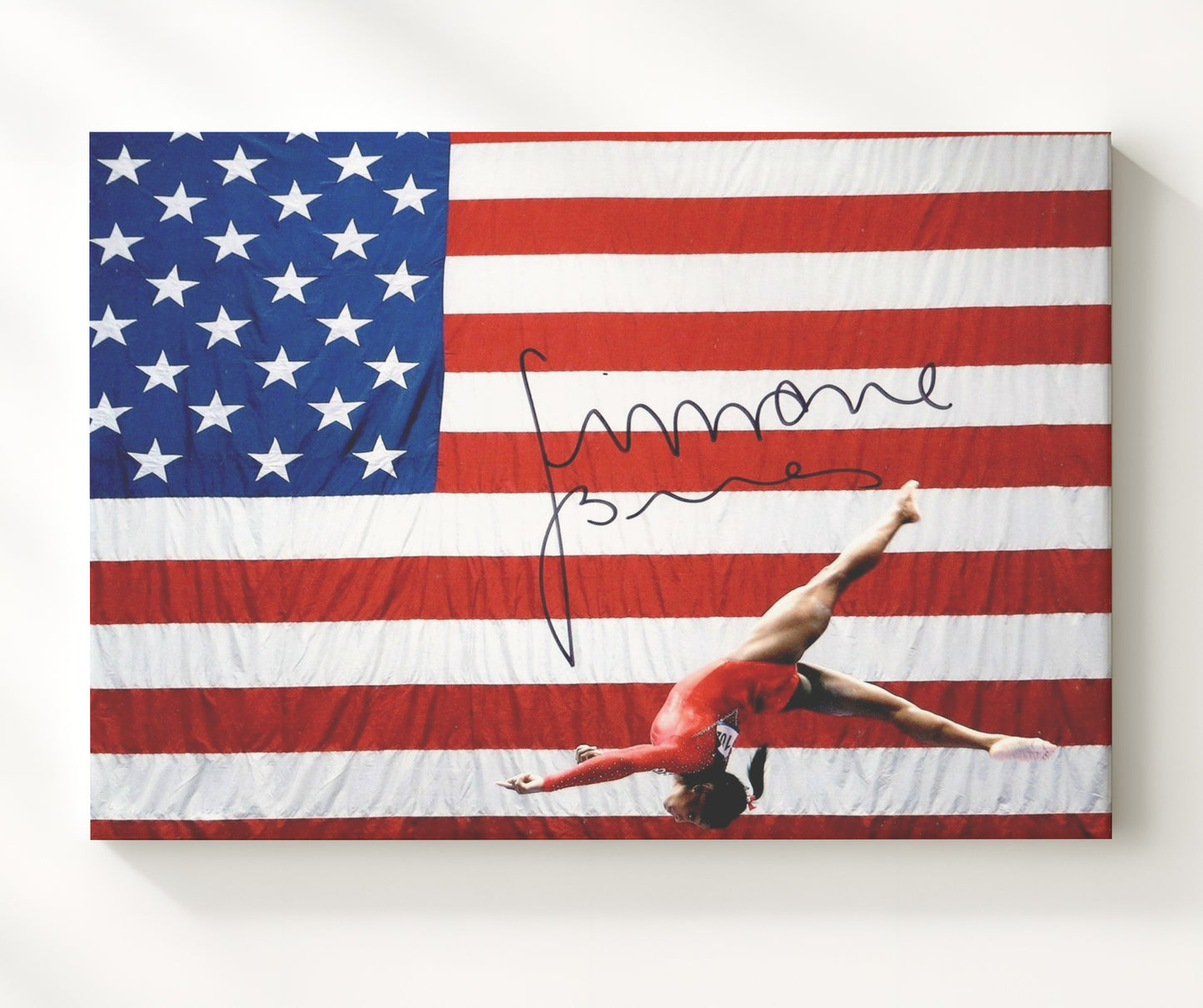 Simone Biles - USA Flag Celebration Flip 2016 Olympic Wall Art 20x24 Canvas wall art print – Olympic Wall Art decor
