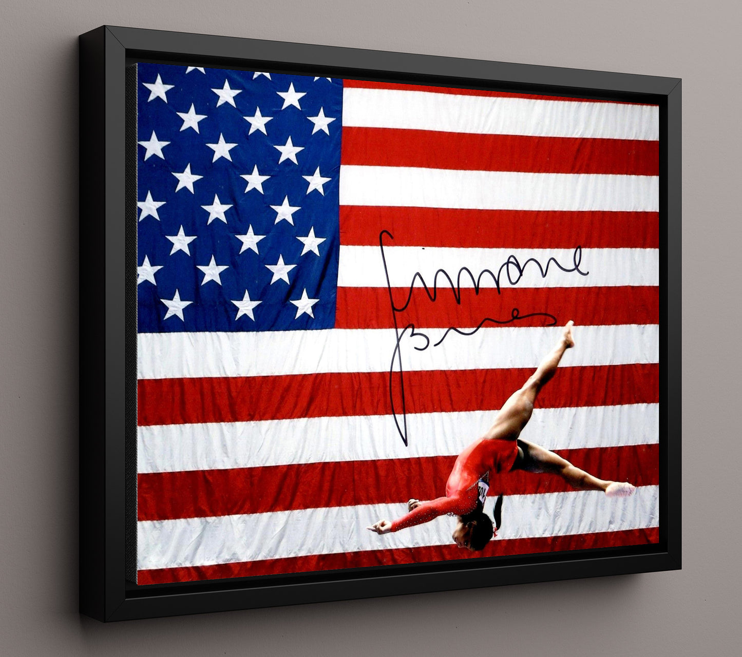 Simone Biles - USA Flag Celebration Flip 2016 Olympic Wall Art 16x20 Framed Canvas wall art print – Olympic Wall Art decor