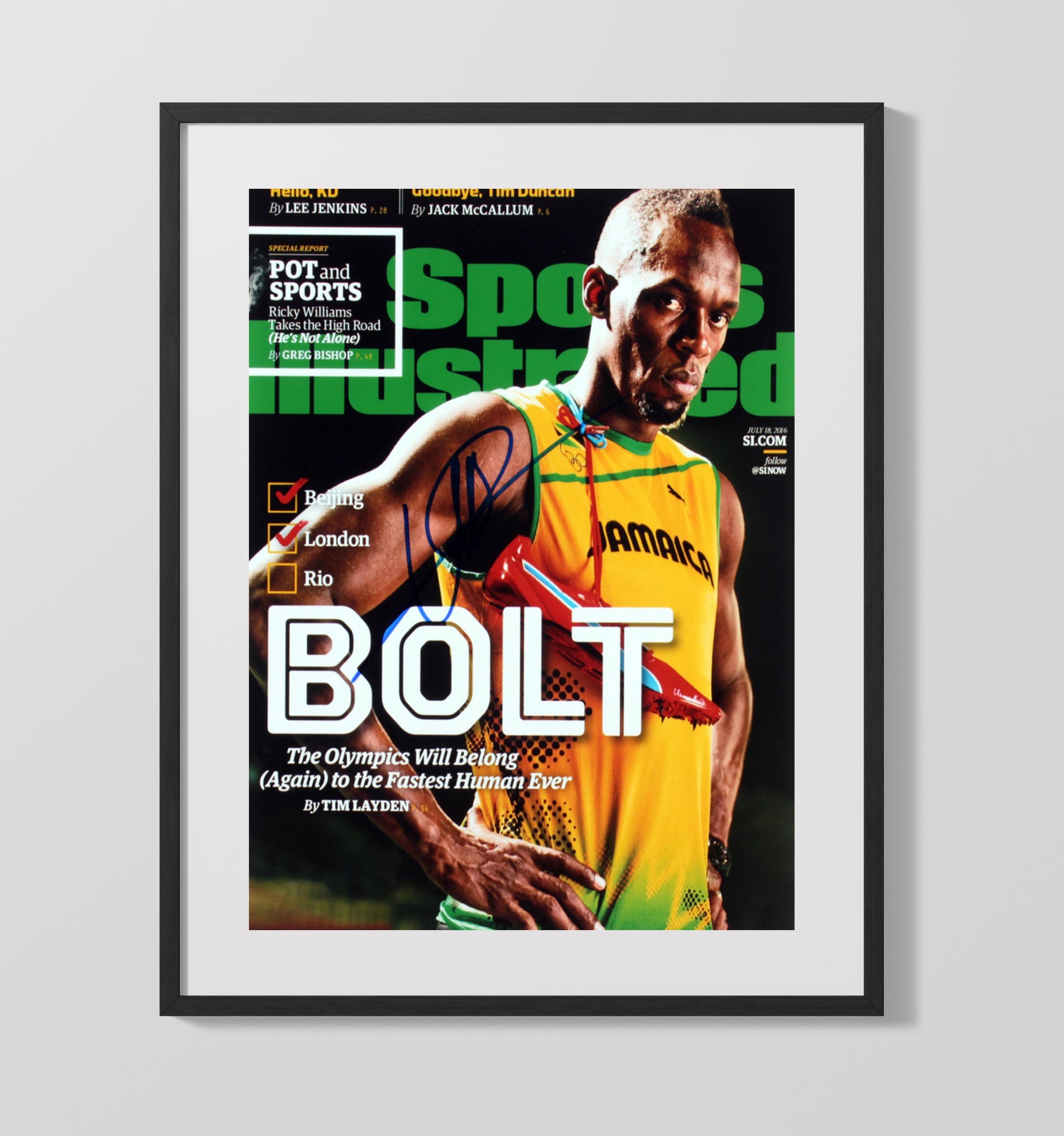 Usain Bolt - Lightning Bolt Pose SI Cover 2016 Olympic Wall Art 16x20 Gallery Frame wall art print – Olympic Wall Art decor