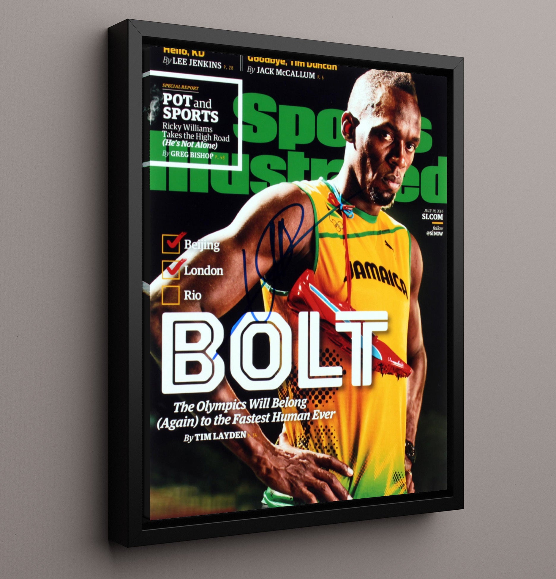 Usain Bolt - Lightning Bolt Pose SI Cover 2016 Olympic Wall Art 16x20 Framed Canvas wall art print – Olympic Wall Art decor