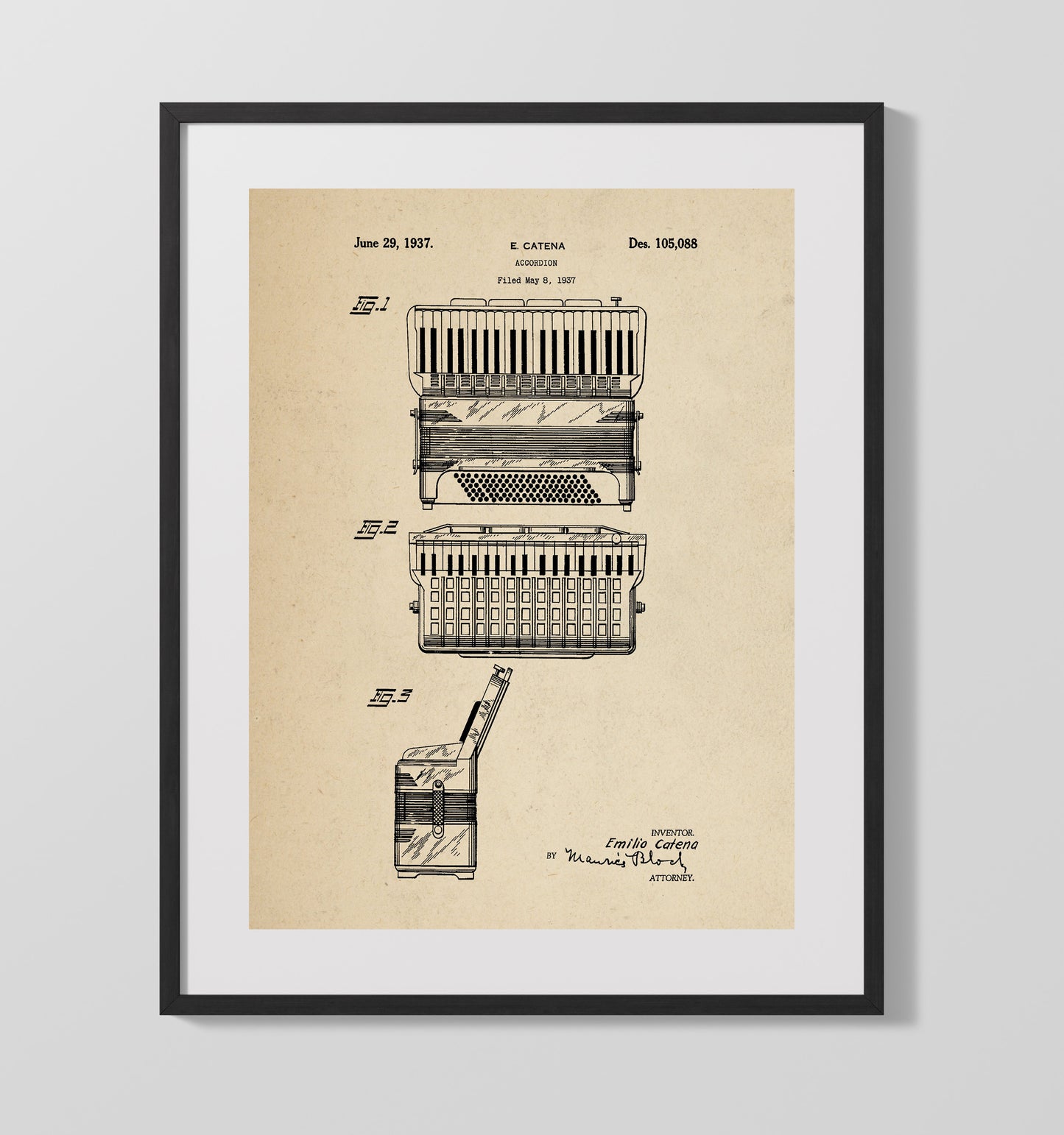 Patent Print - Accordion - Emilio Catena - 1937 - Patent 105088 Patent Wall Art
