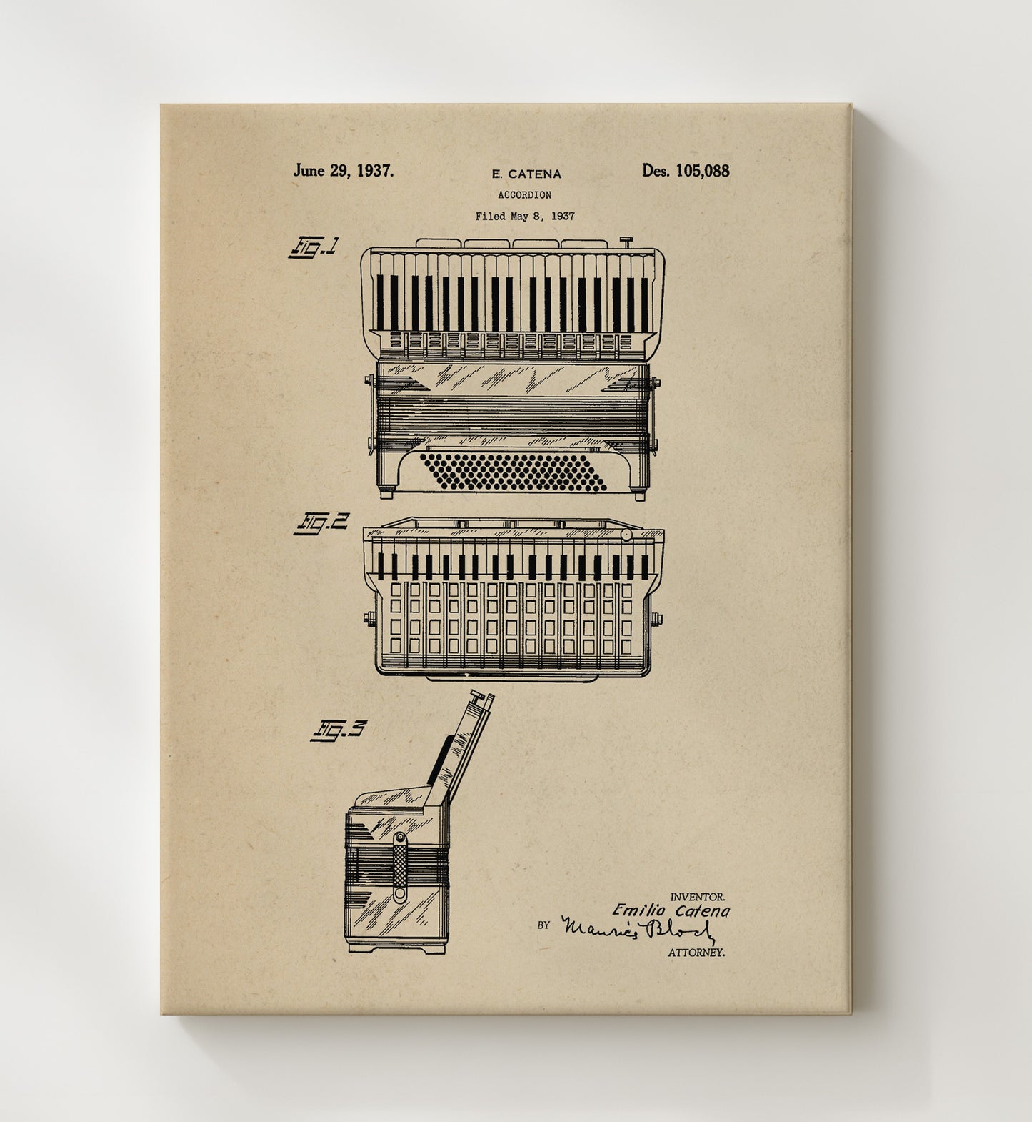 Patent Print - Accordion - Emilio Catena - 1937 - Patent 105088 Patent Wall Art