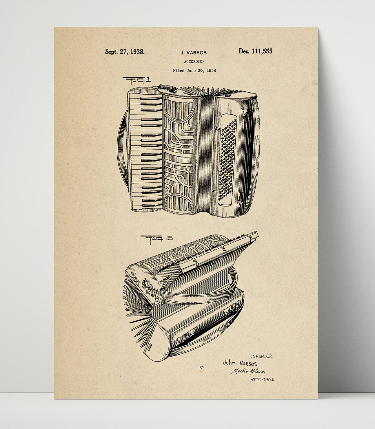 Patent Print - Accordion - John Vassos - 1938 - Patent 111555 Patent Wall Art