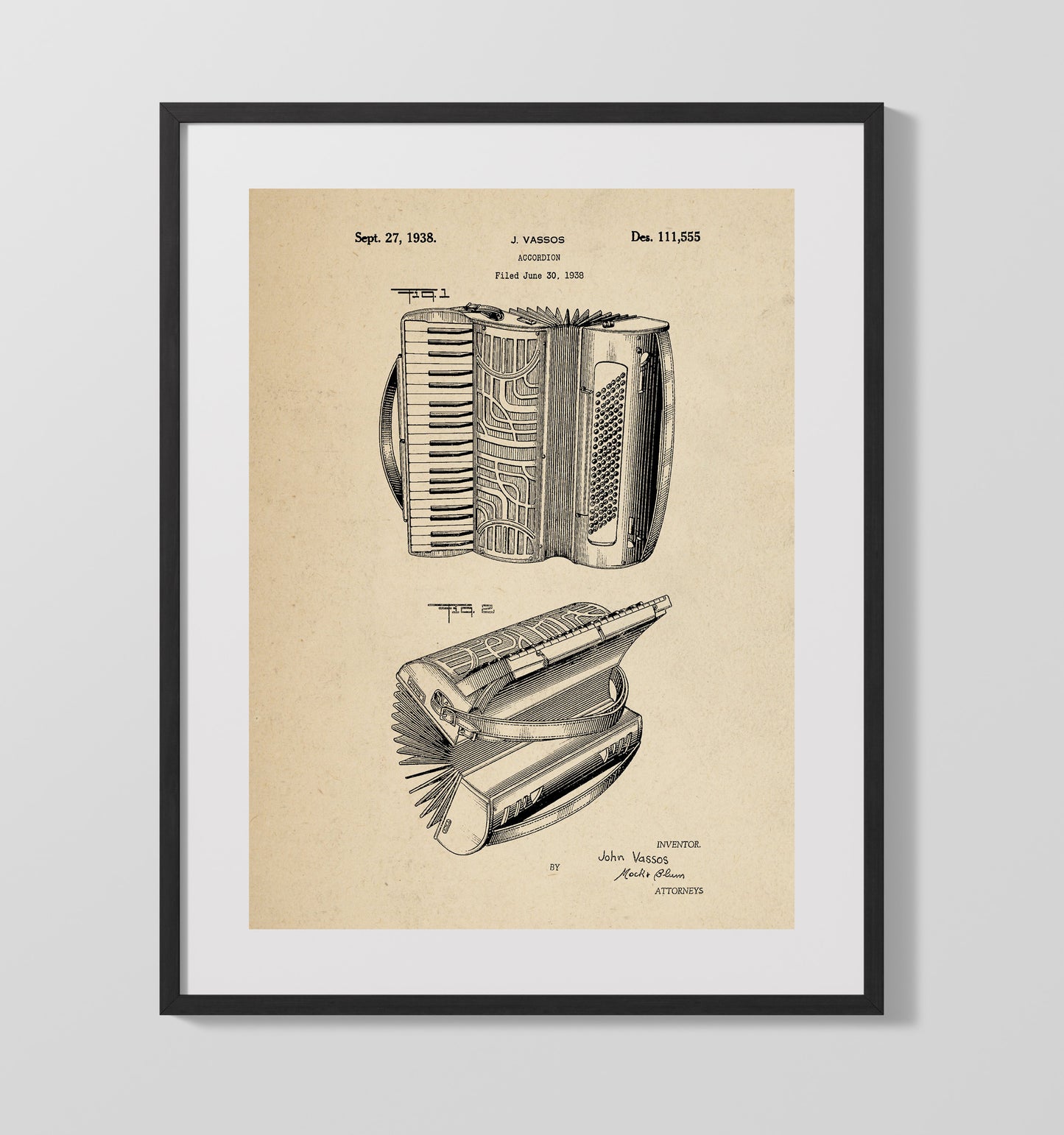 Patent Print - Accordion - John Vassos - 1938 - Patent 111555 Patent Wall Art