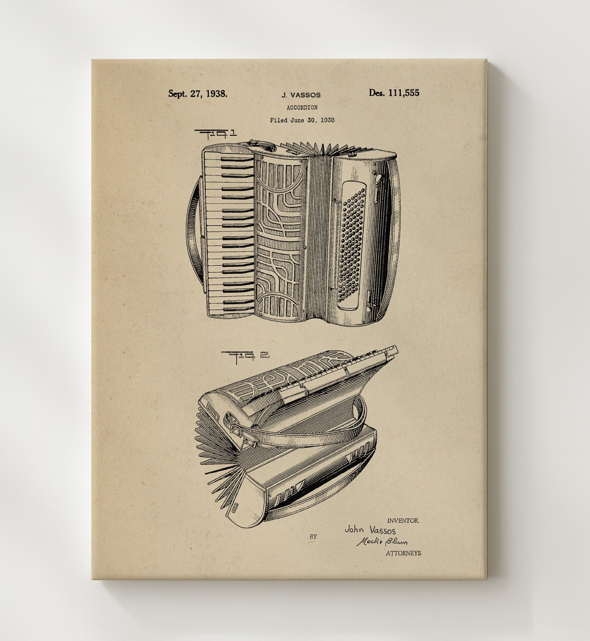 Patent Print - Accordion - John Vassos - 1938 - Patent 111555 Patent Wall Art
