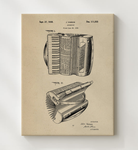 Accordion 1938 patent print wall art 8x10 Canvas