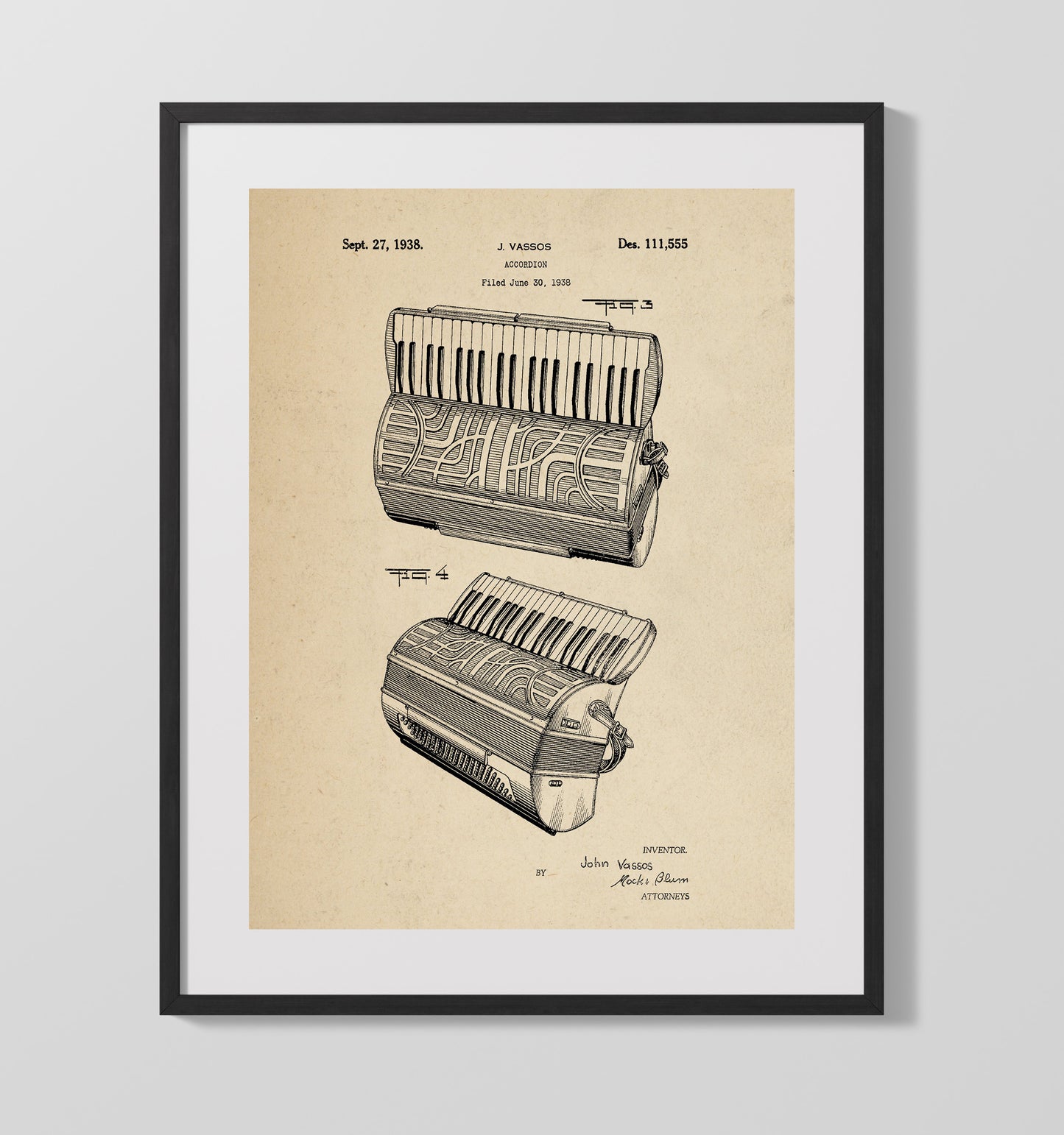 Patent Print - Accordion Alternate View - John Vassos - 1938 - Patent 111555 Patent Wall Art