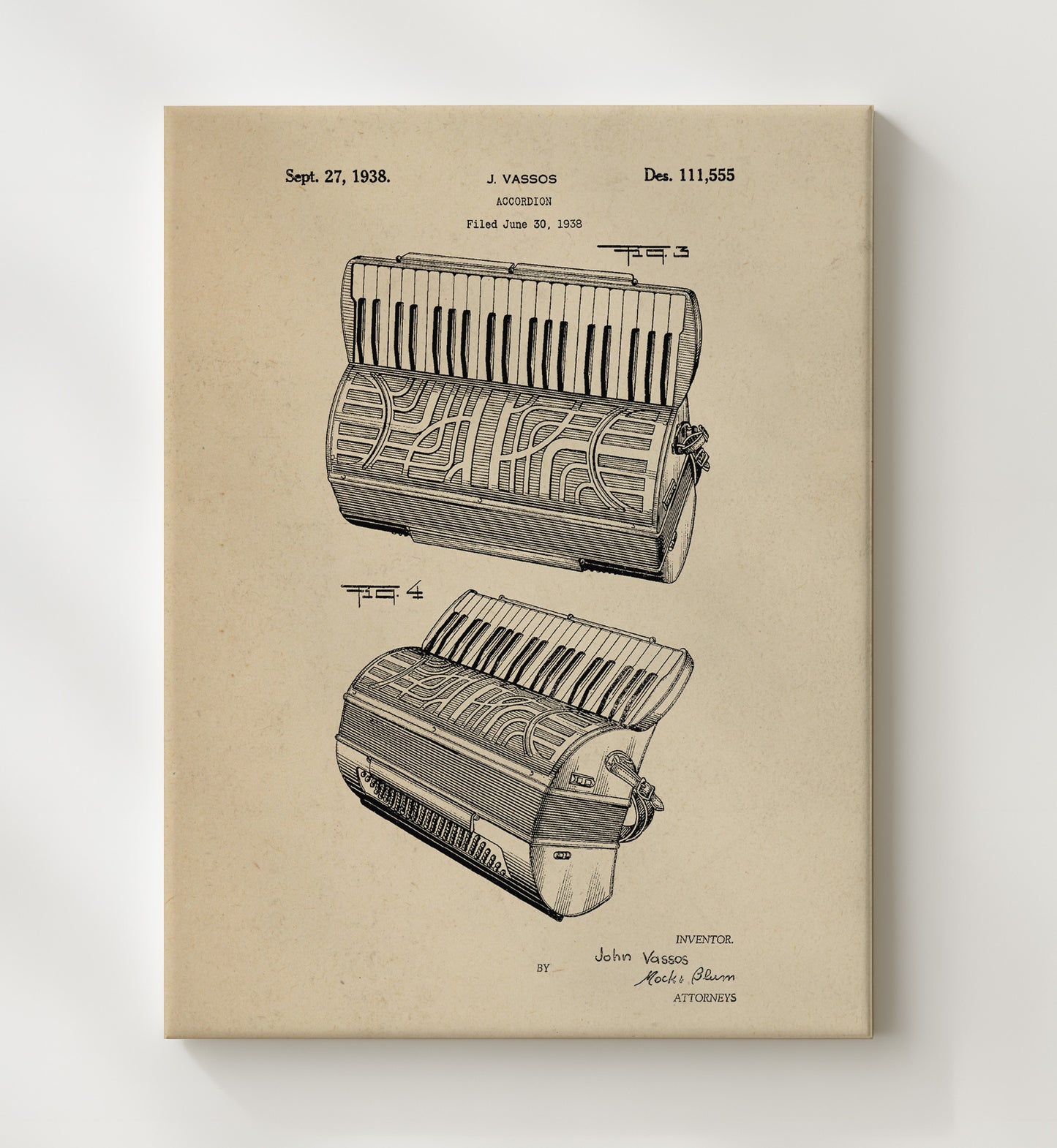 Patent Print - Accordion Alternate View - John Vassos - 1938 - Patent 111555 Patent Wall Art