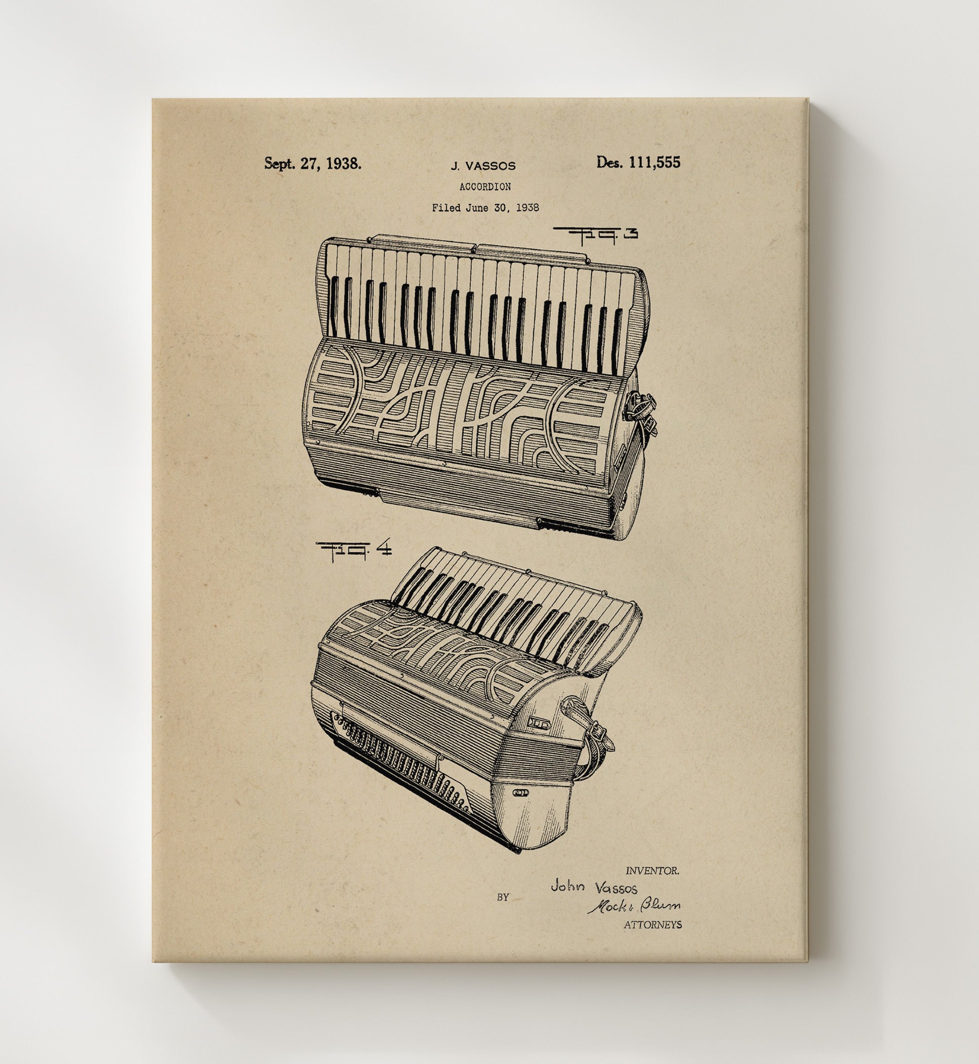 Patent Print - Accordion Alternate View - John Vassos - 1938 - Patent 111555 Patent Wall Art