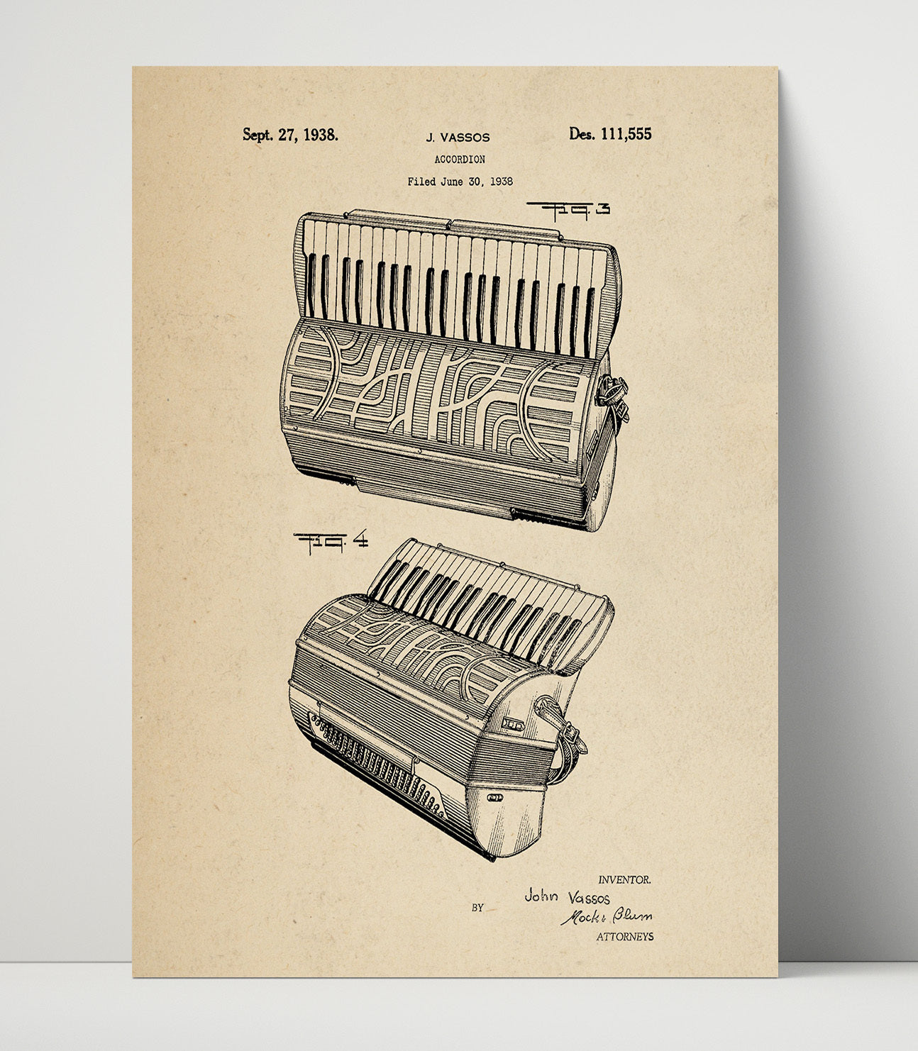 Patent Print - Accordion Alternate View - John Vassos - 1938 - Patent 111555 Patent Wall Art
