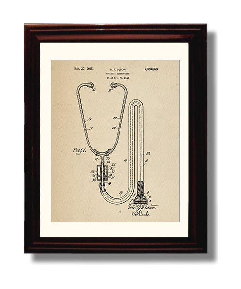 Patent Print - Acoustic Stethoscope - H. F. Olson - 1945 - Patent 2389868 Patent Wall Art