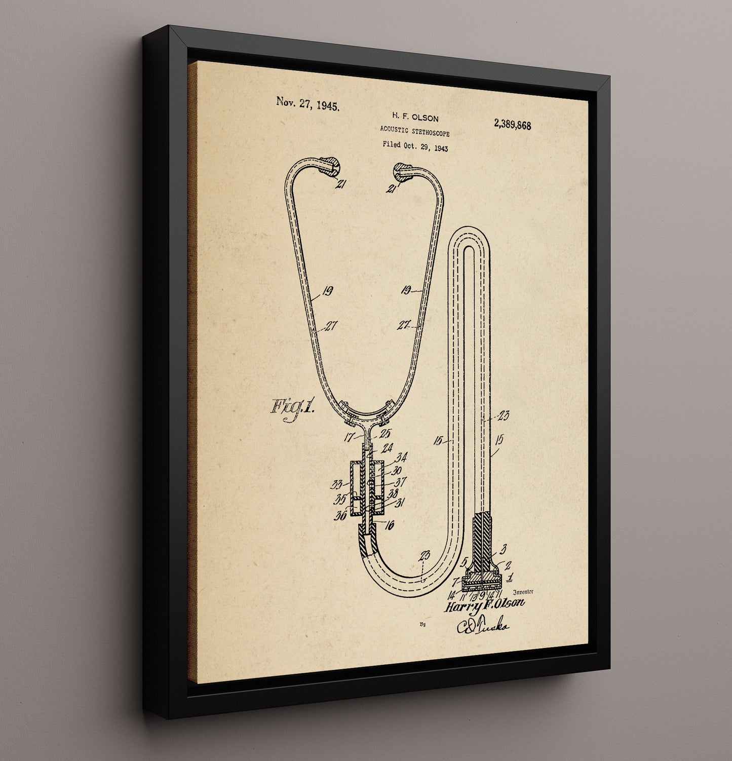 Patent Print - Acoustic Stethoscope - H. F. Olson - 1945 - Patent 2389868 Patent Wall Art