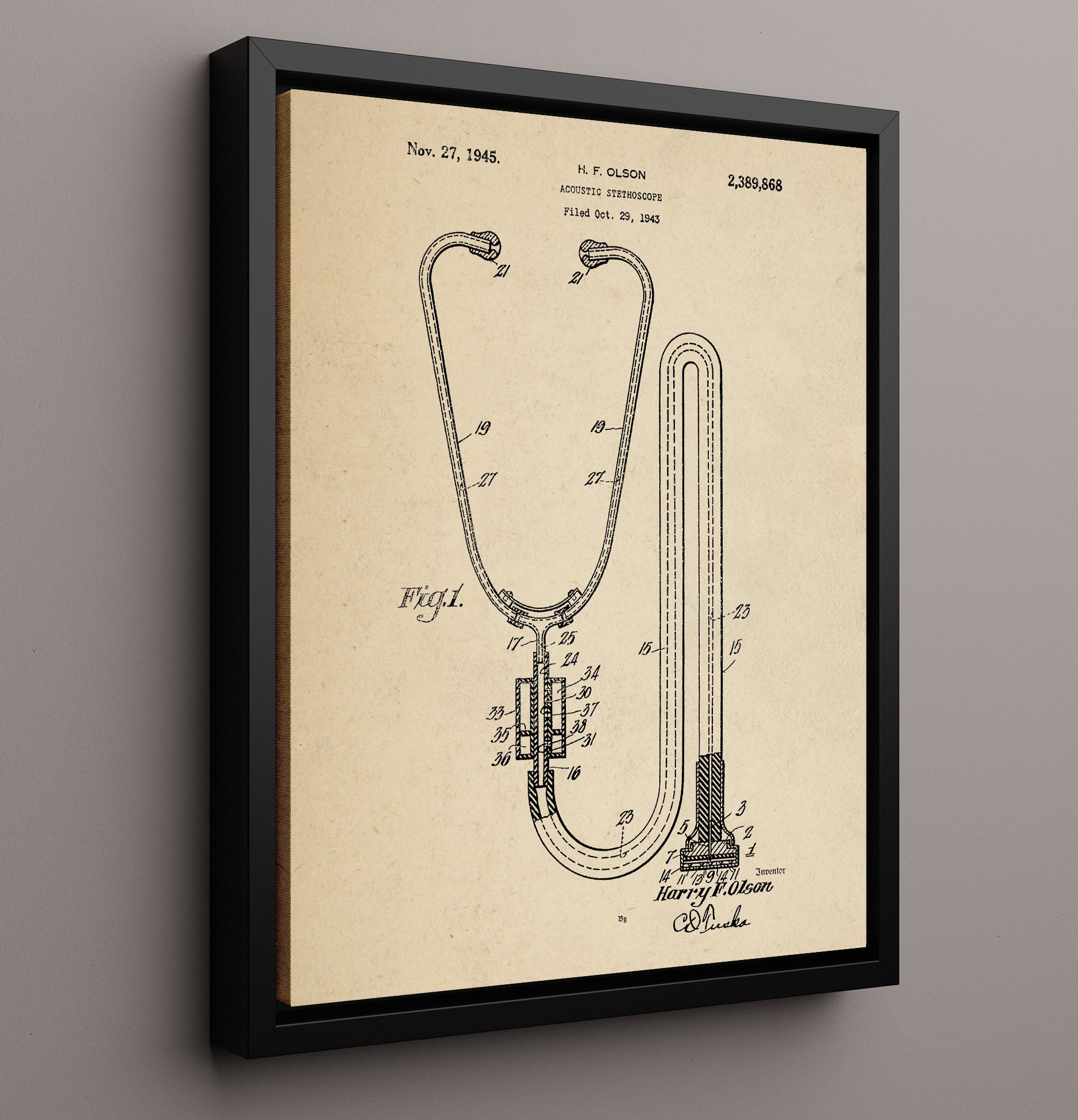 Patent Print - Acoustic Stethoscope - H. F. Olson - 1945 - Patent 2389868 Patent Wall Art