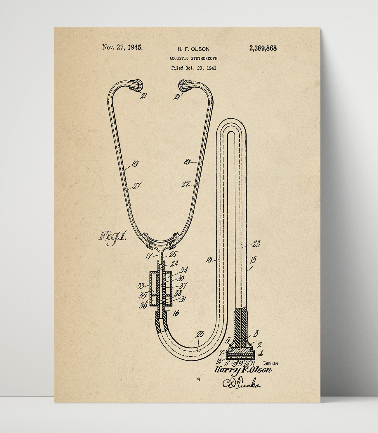 Patent Print - Acoustic Stethoscope - H. F. Olson - 1945 - Patent 2389868 Patent Wall Art