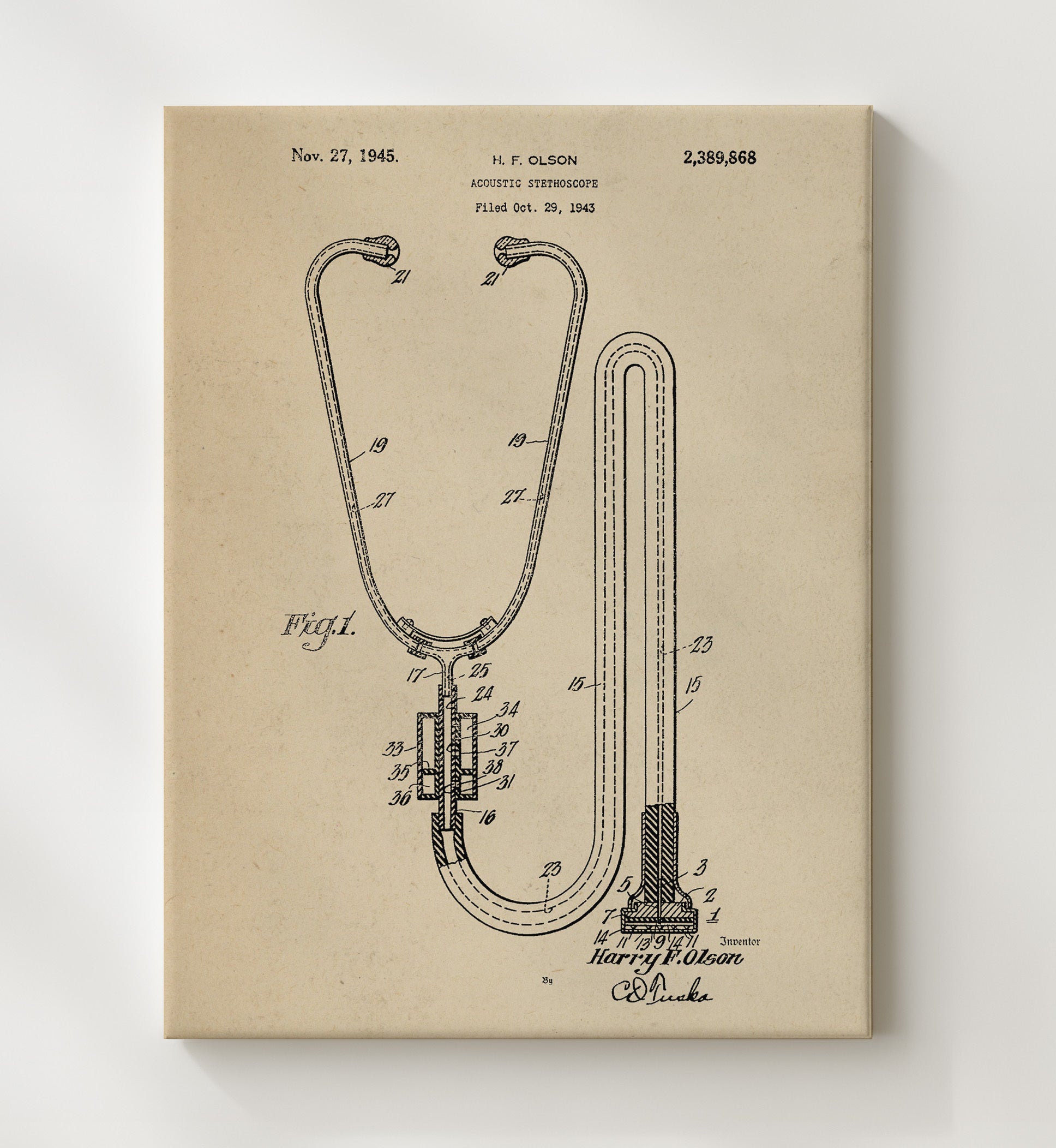 Patent Print - Acoustic Stethoscope - H. F. Olson - 1945 - Patent 2389868 Patent Wall Art