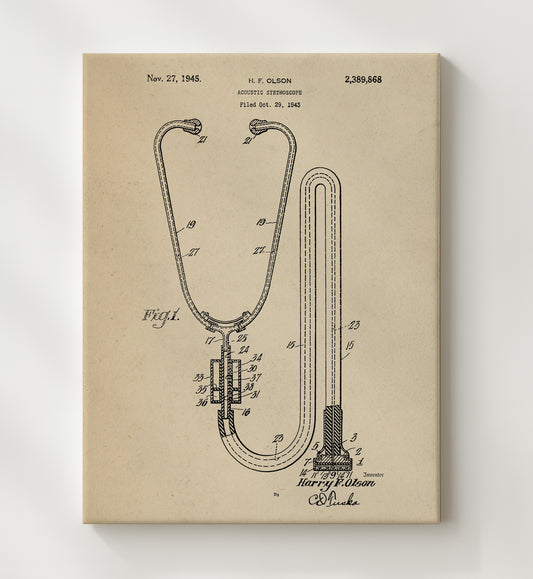 Acoustic Stethoscope 1945 patent print wall art 8x10 Canvas