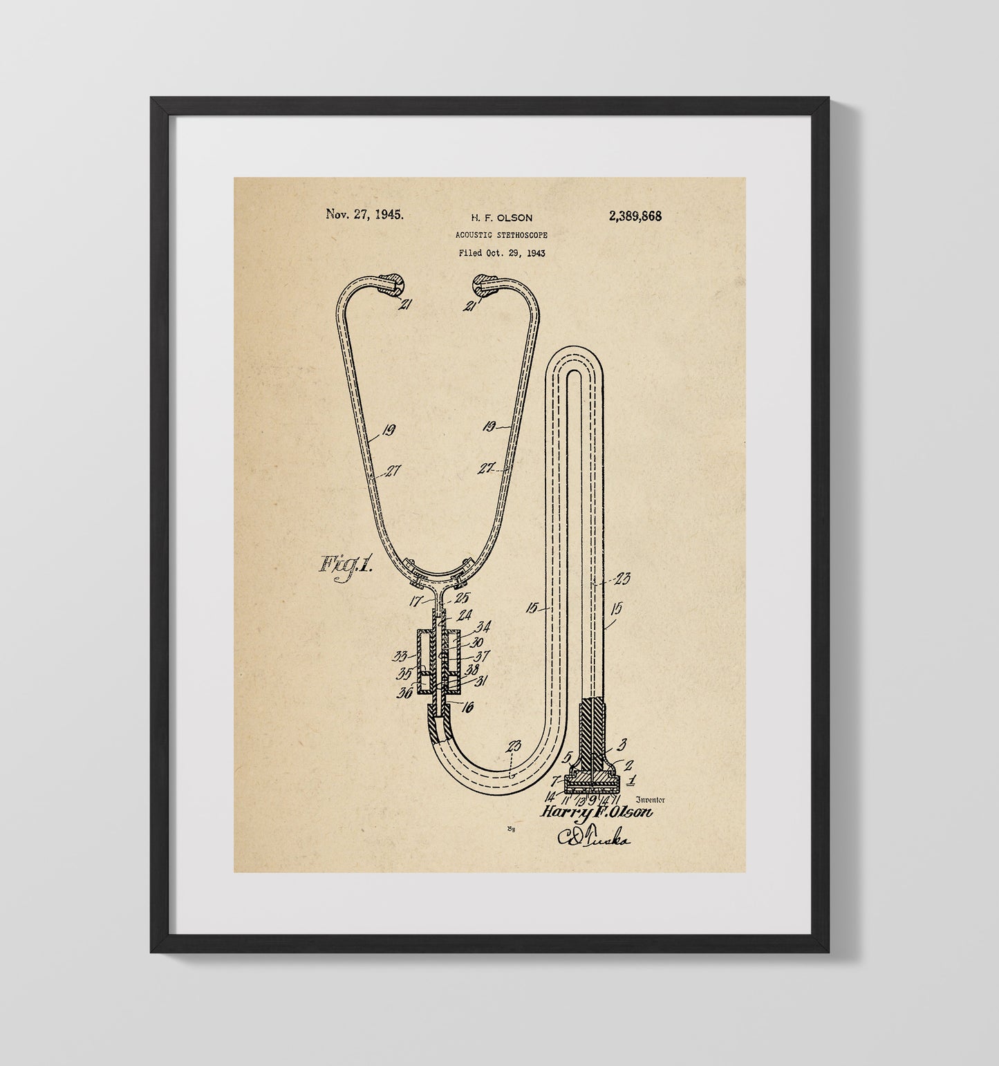Patent Print - Acoustic Stethoscope - H. F. Olson - 1945 - Patent 2389868 Patent Wall Art