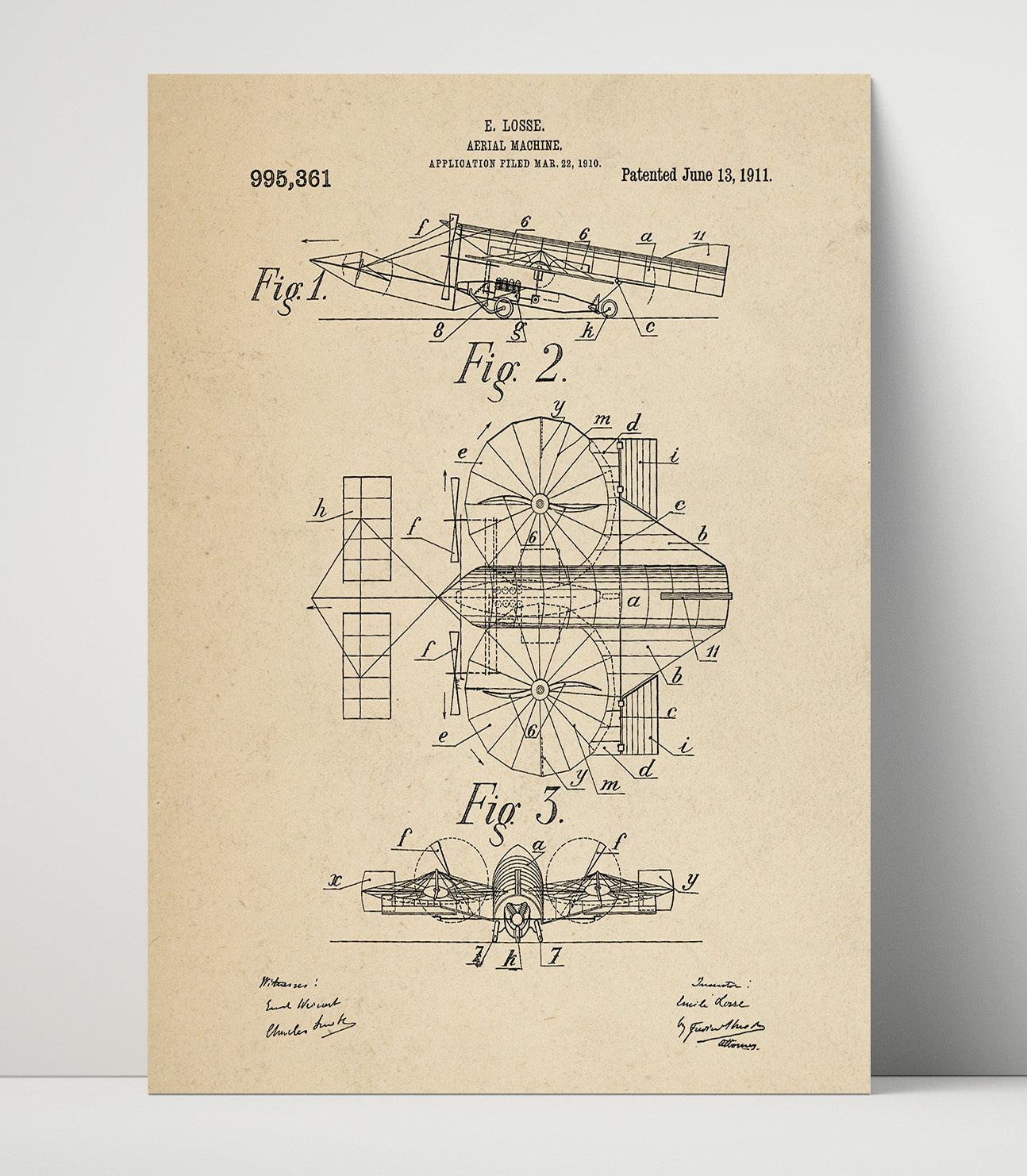 Patent Print - Aerial Machine - Emile Losse - 1911 - Patent 995361 Patent Wall Art