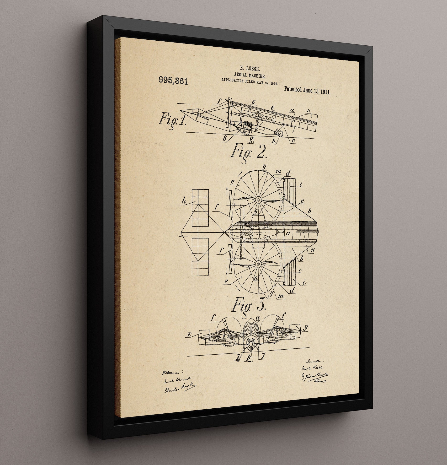 Patent Print - Aerial Machine - Emile Losse - 1911 - Patent 995361 Patent Wall Art
