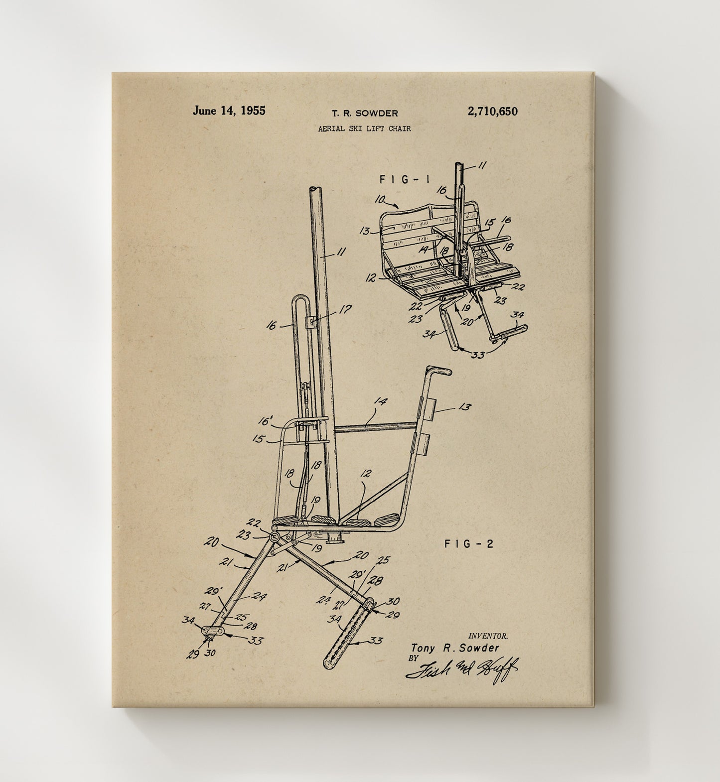 Patent Print - Aerial Ski Lift Chair - T R Sowder - 1955 - Patent 2710650 Patent Wall Art
