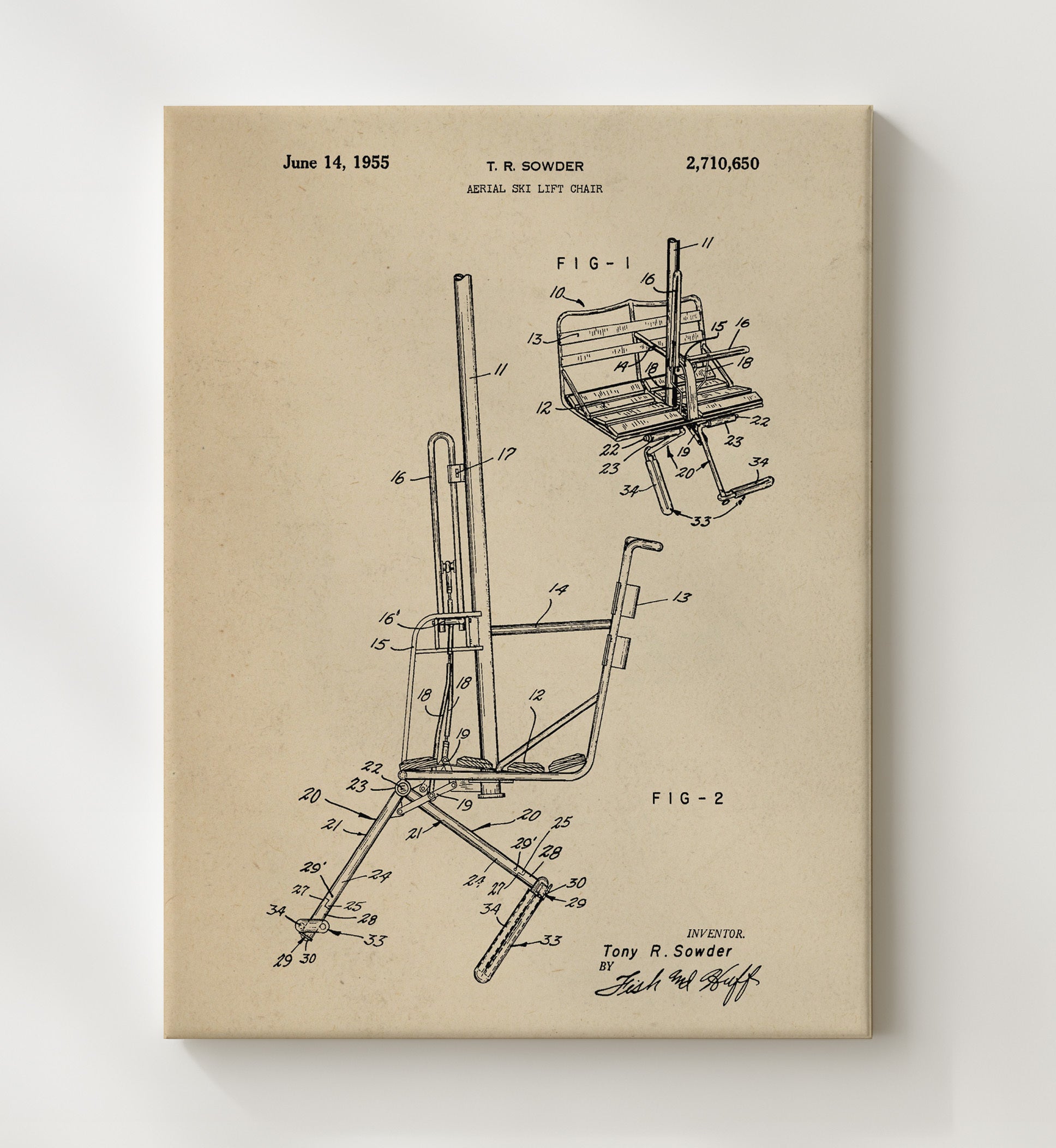 Patent Print - Aerial Ski Lift Chair - T R Sowder - 1955 - Patent 2710650 Patent Wall Art