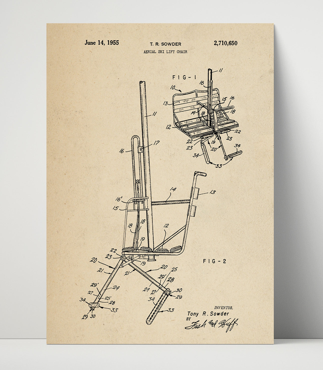 Patent Print - Aerial Ski Lift Chair - T R Sowder - 1955 - Patent 2710650 Patent Wall Art