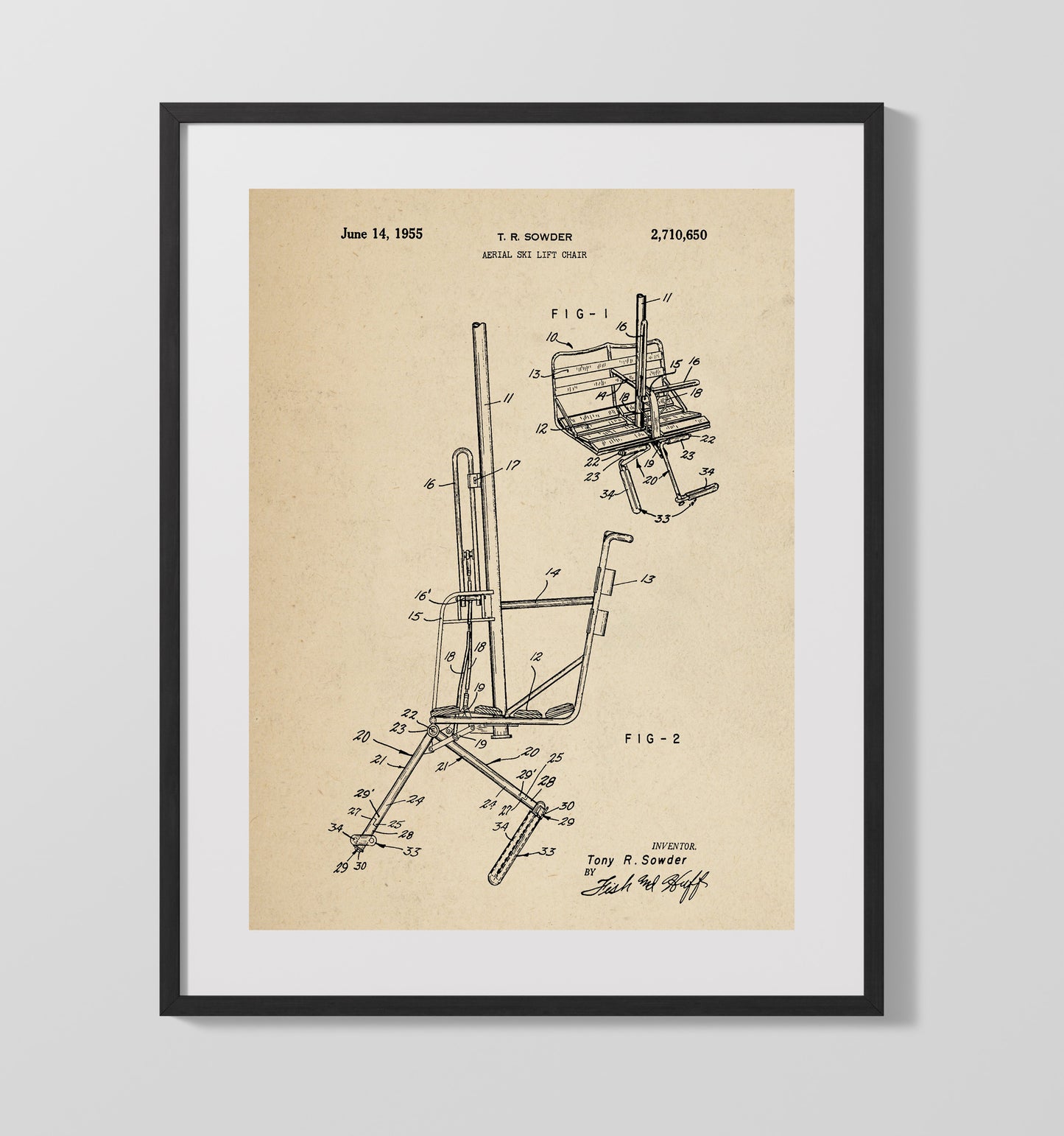 Patent Print - Aerial Ski Lift Chair - T R Sowder - 1955 - Patent 2710650 Patent Wall Art