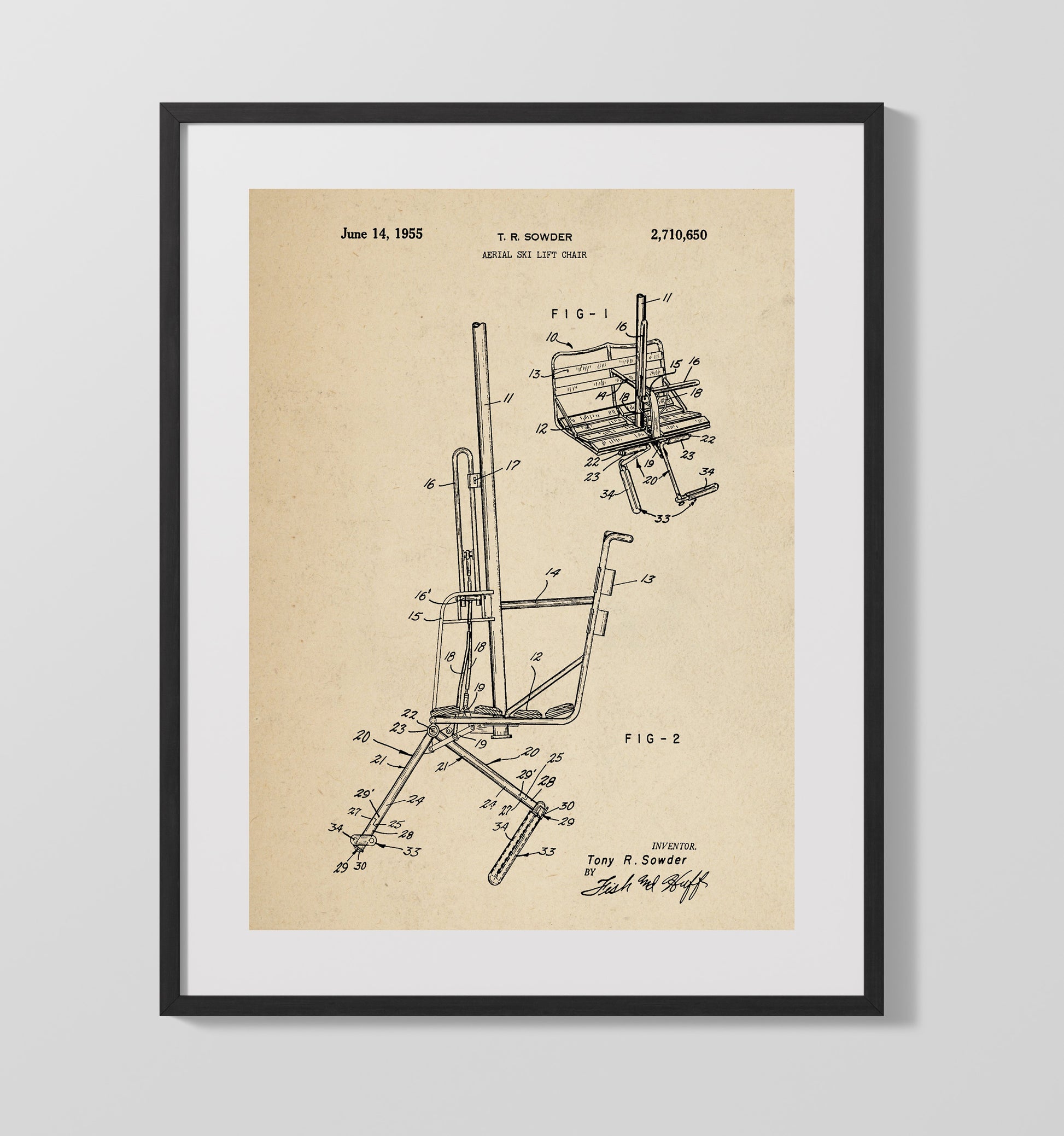 Patent Print - Aerial Ski Lift Chair - T R Sowder - 1955 - Patent 2710650 Patent Wall Art