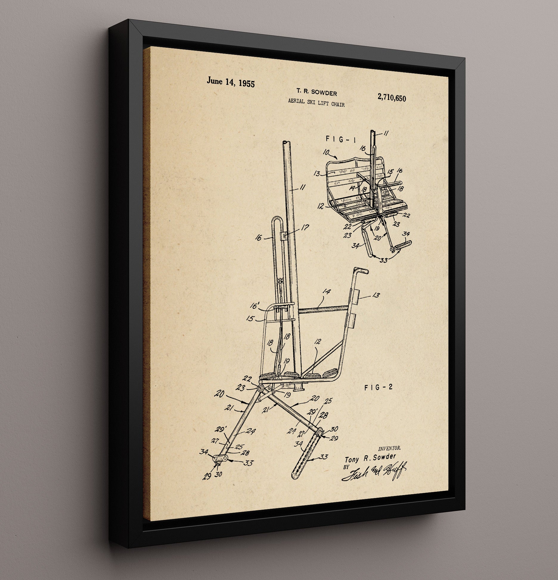 Patent Print - Aerial Ski Lift Chair - T R Sowder - 1955 - Patent 2710650 Patent Wall Art