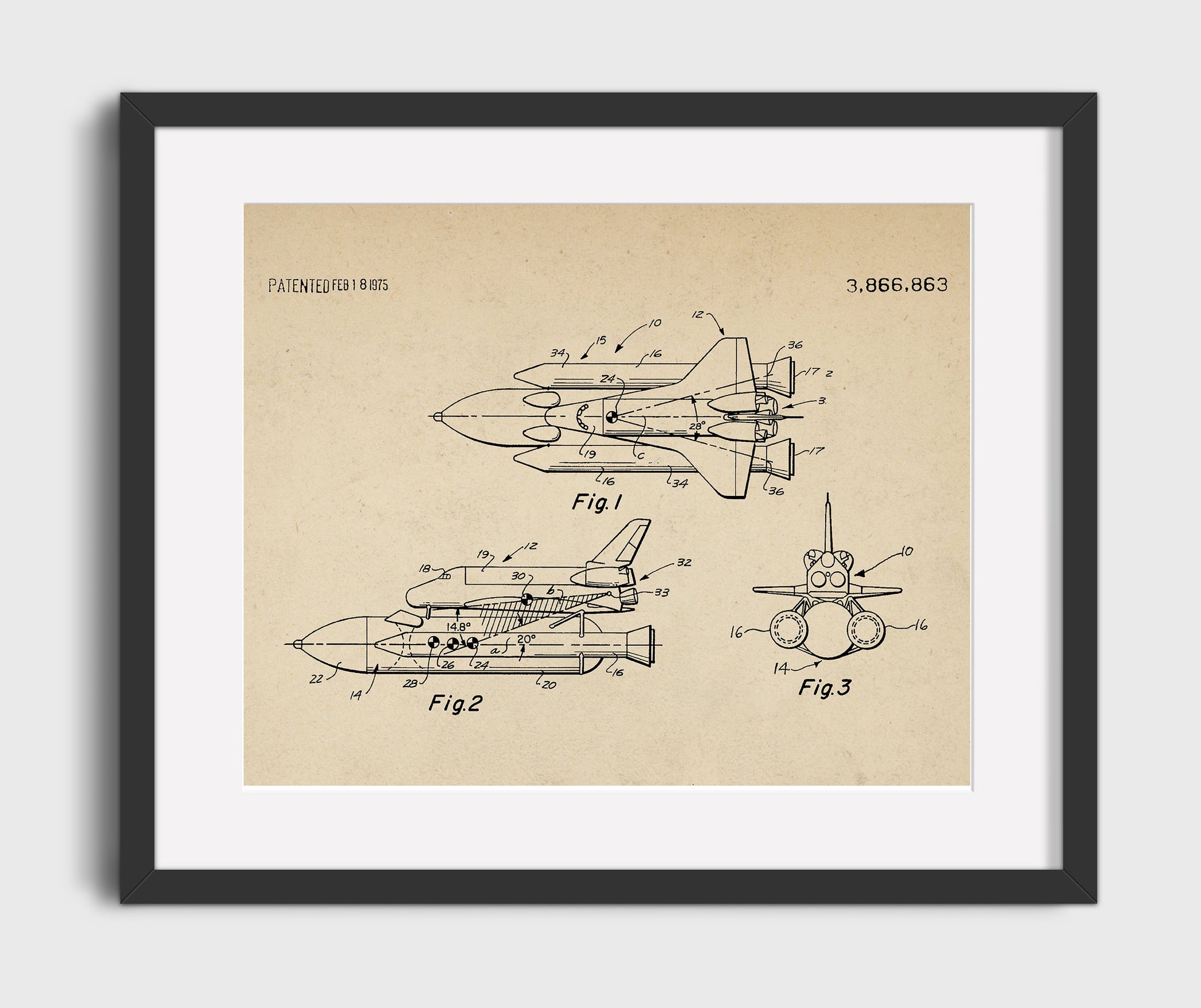Patent Print - Aerospace Vehicle Configuration - Unknown Inventor - 1975 - Patent 3866863 - Landscape Patent Wall Art