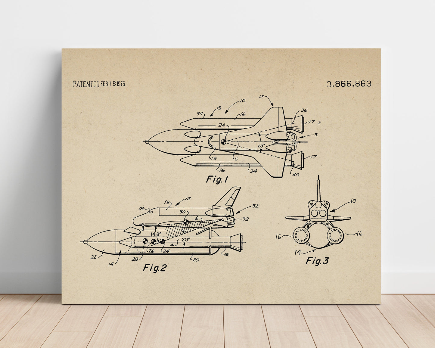 Patent Print - Aerospace Vehicle Configuration - Unknown Inventor - 1975 - Patent 3866863 - Landscape Patent Wall Art