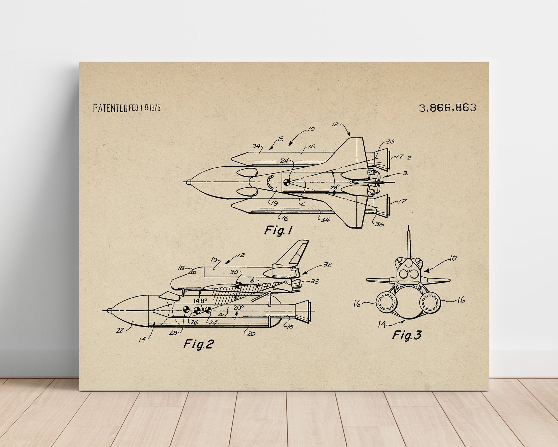 Patent Print - Aerospace Vehicle Configuration - Unknown Inventor - 1975 - Patent 3866863 - Landscape Patent Wall Art