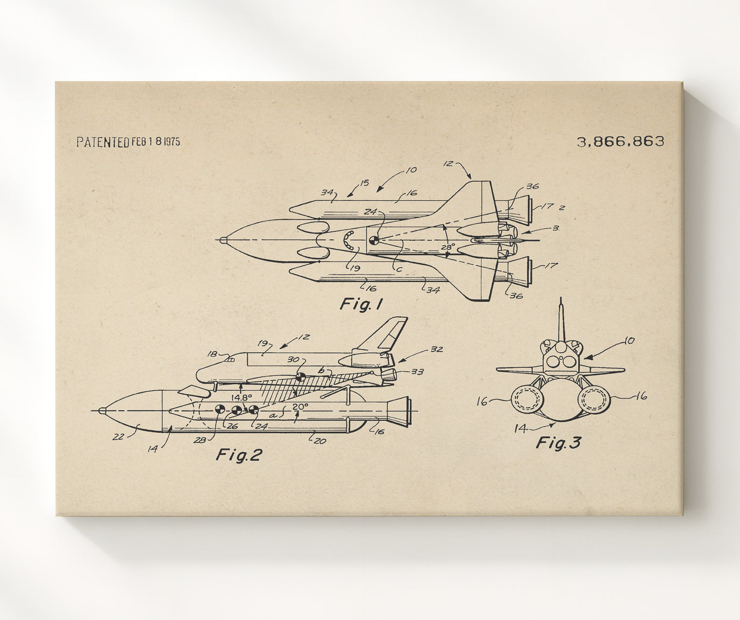 Patent Print - Aerospace Vehicle Configuration - Unknown Inventor - 1975 - Patent 3866863 - Landscape Patent Wall Art