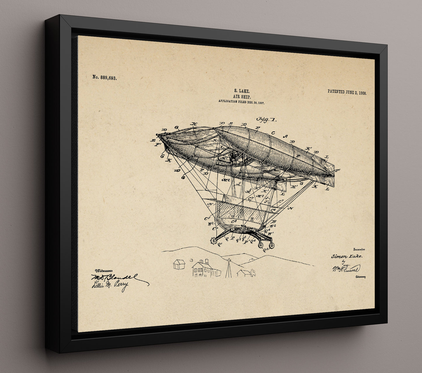 Patent Print - Air Ship - Simon Lake - 1908 - Patent 889693 - Landscape Patent Wall Art
