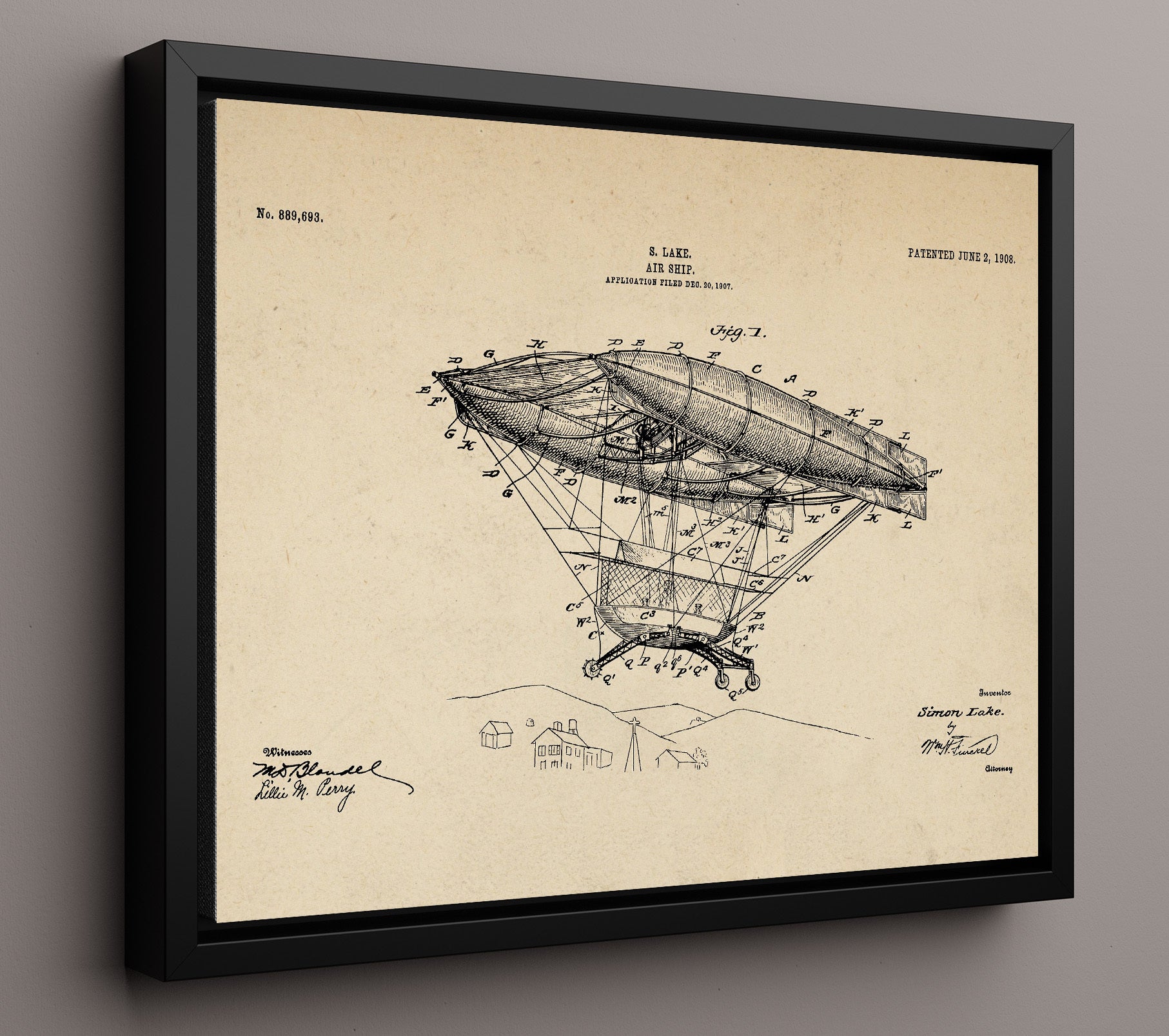 Patent Print - Air Ship - Simon Lake - 1908 - Patent 889693 - Landscape Patent Wall Art