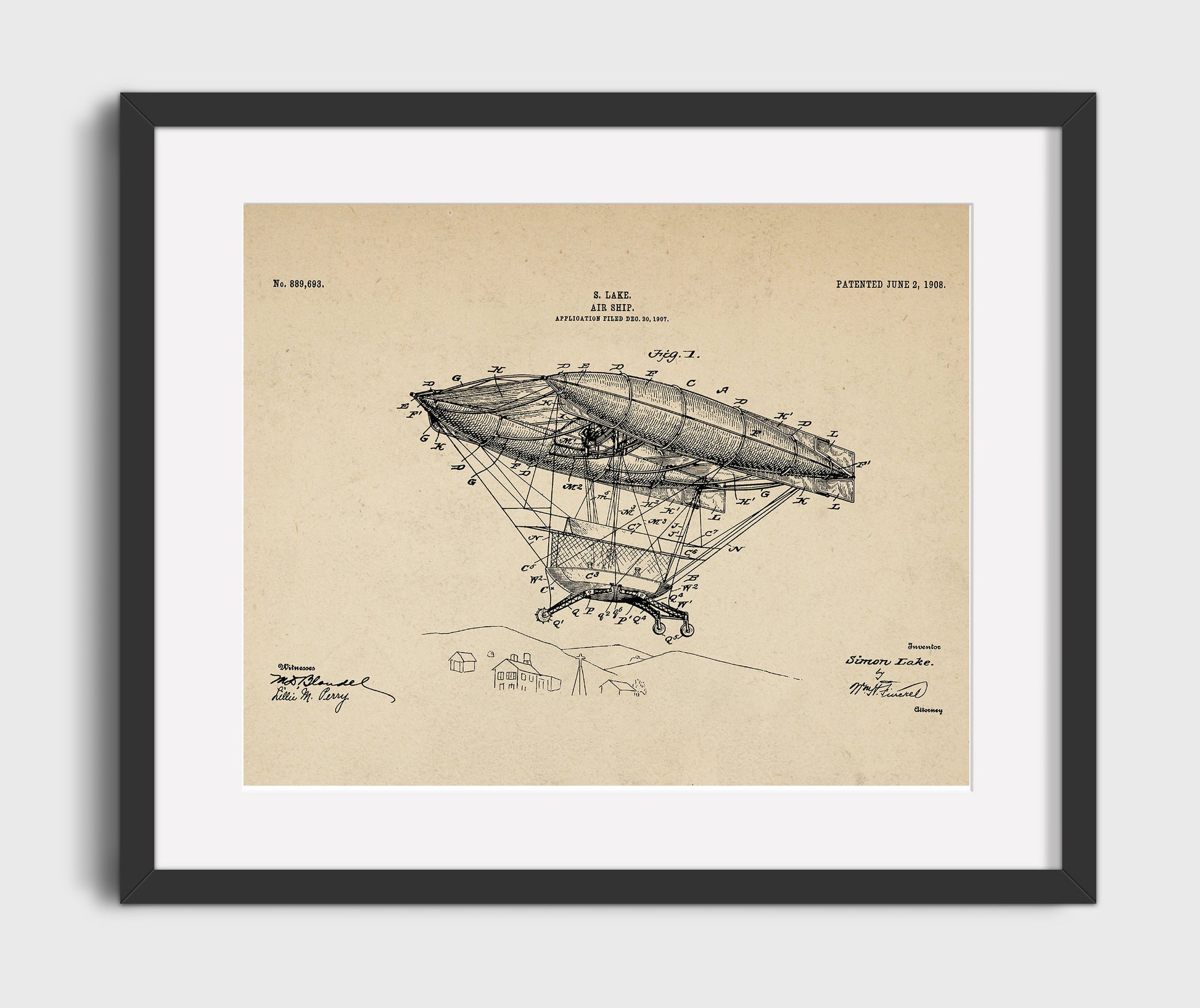 Patent Print - Air Ship - Simon Lake - 1908 - Patent 889693 - Landscape Patent Wall Art
