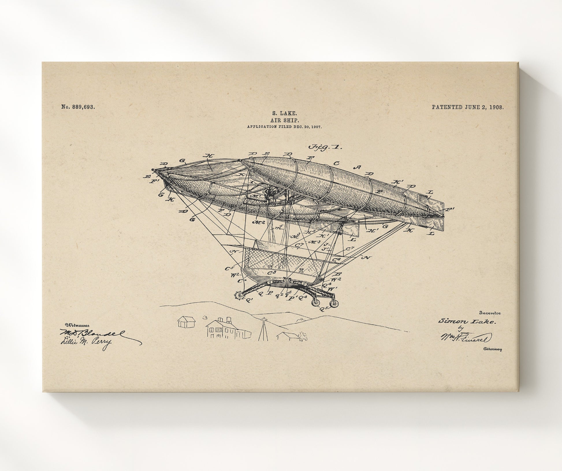 Patent Print - Air Ship - Simon Lake - 1908 - Patent 889693 - Landscape Patent Wall Art