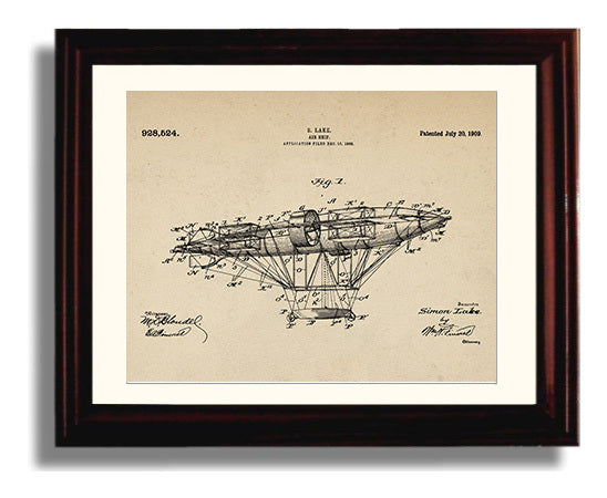 Patent Print - Air Ship - Simon Lake - 1909 - Patent 928524 - Landscape Patent Wall Art