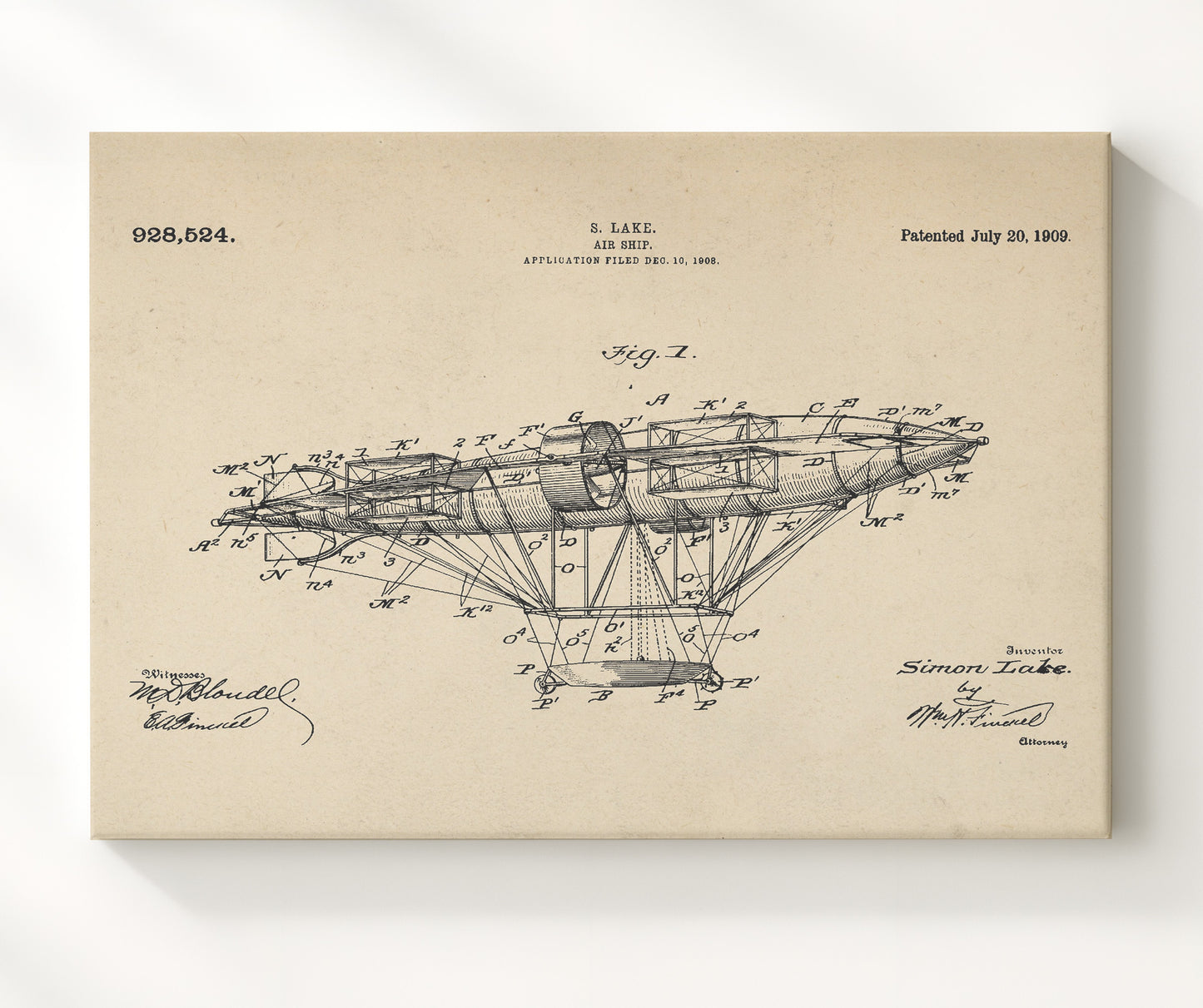 Patent Print - Air Ship - Simon Lake - 1909 - Patent 928524 - Landscape Patent Wall Art
