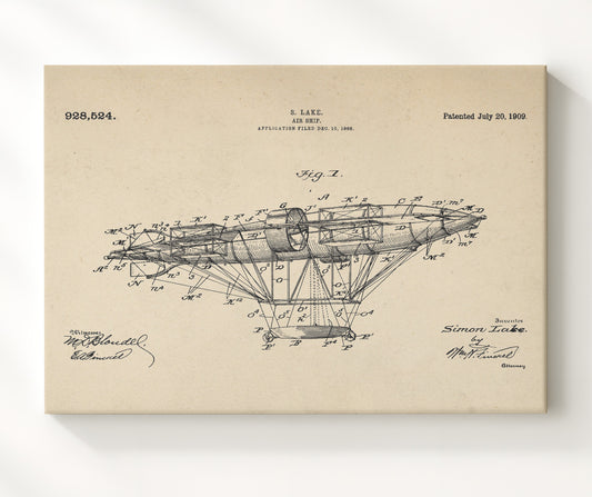 Air Ship 1909 patent print wall art 8x10 Canvas