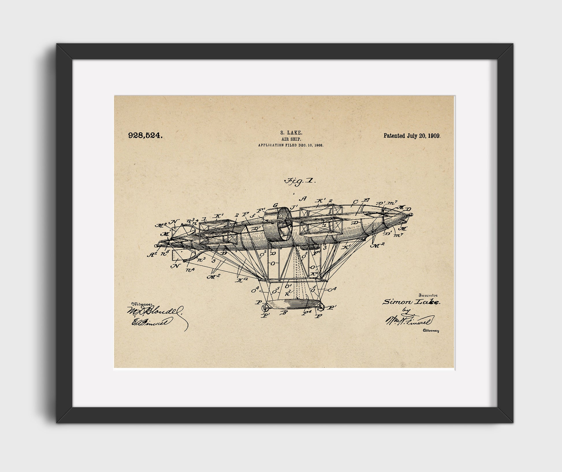 Patent Print - Air Ship - Simon Lake - 1909 - Patent 928524 - Landscape Patent Wall Art