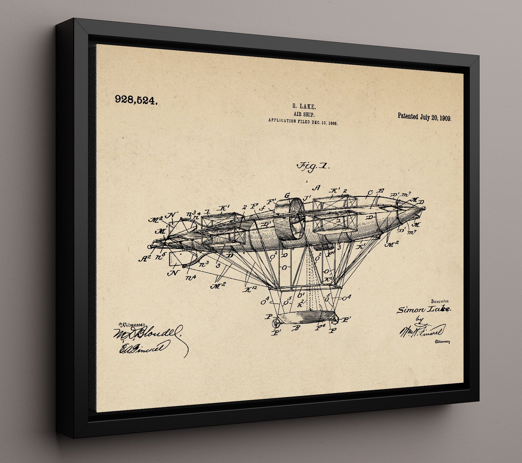 Patent Print - Air Ship - Simon Lake - 1909 - Patent 928524 - Landscape Patent Wall Art