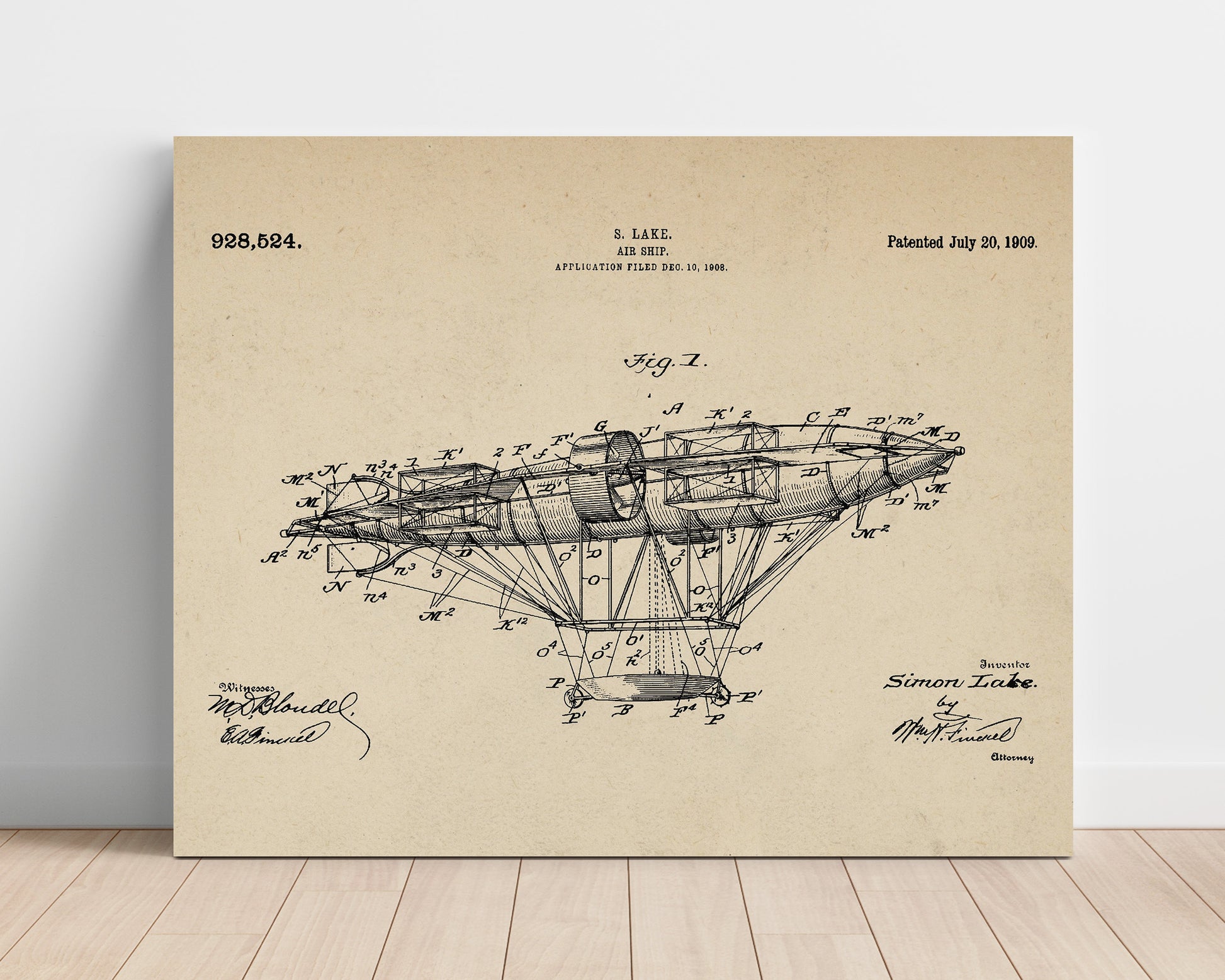 Patent Print - Air Ship - Simon Lake - 1909 - Patent 928524 - Landscape Patent Wall Art