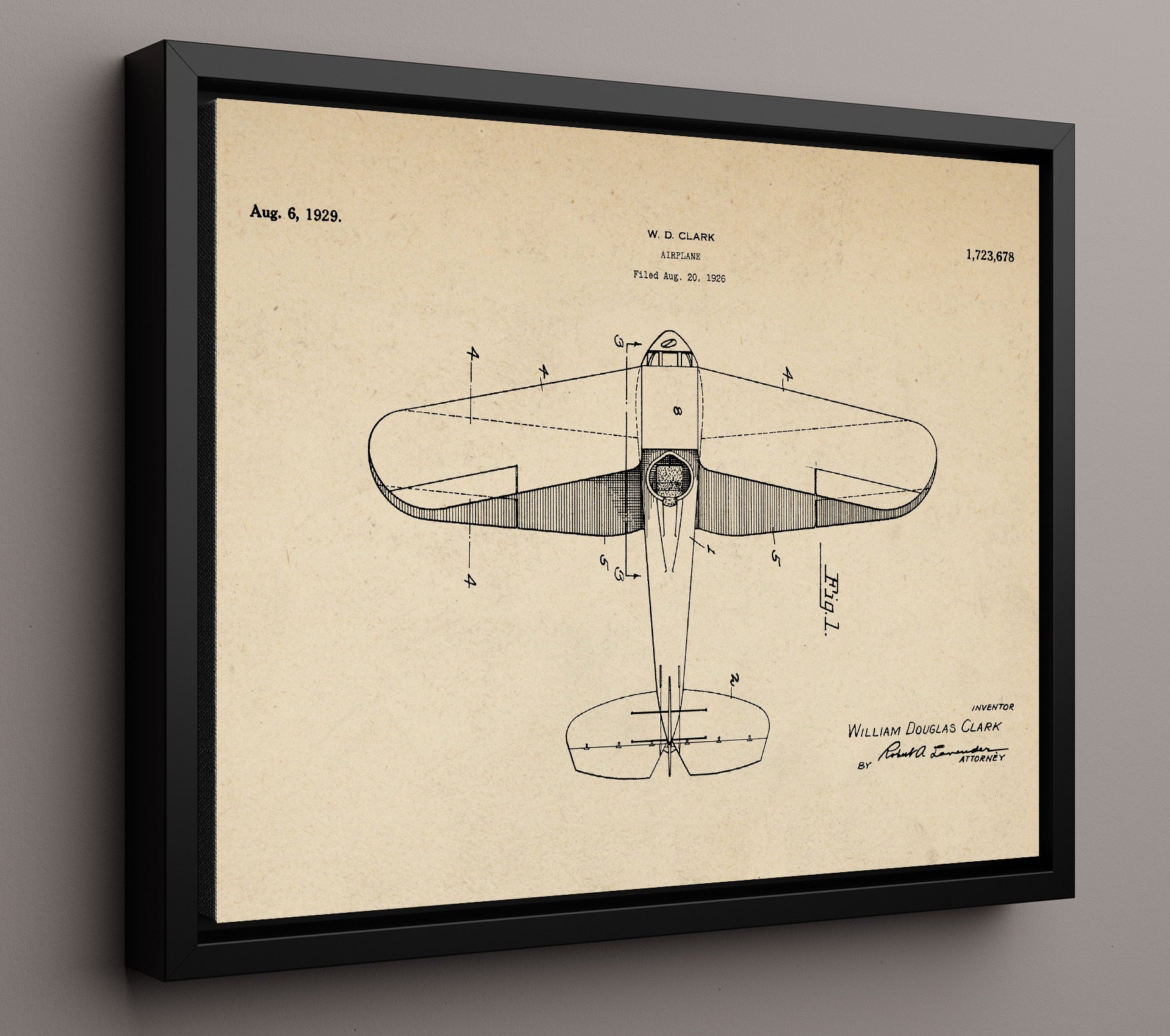 Patent Print - Airplane - William Douglas Clark - 1929 - Patent 1723678 - Landsacpe Patent Wall Art
