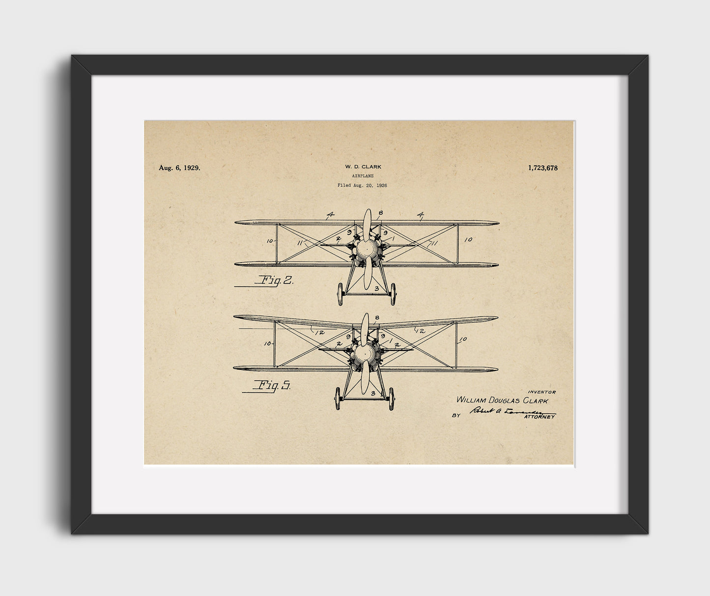 Patent Print - Airplane Biplane View - William Douglas Clark - 1929 - Patent 1723678 - Landscape Patent Wall Art