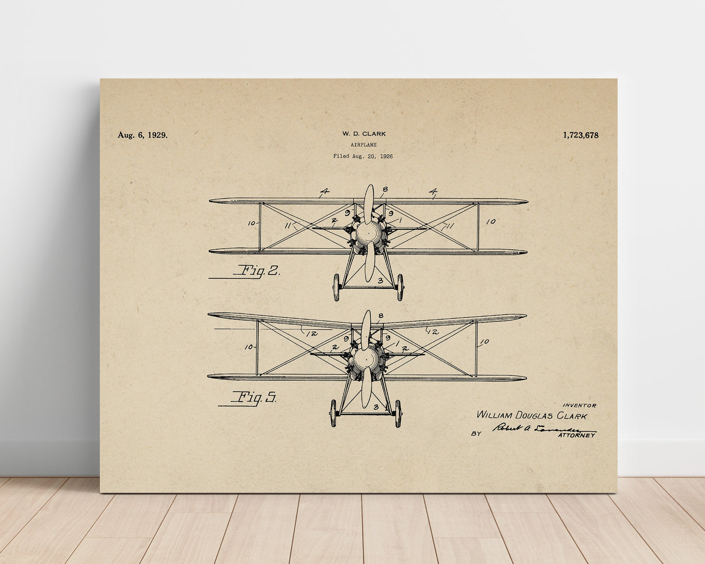 Patent Print - Airplane Biplane View - William Douglas Clark - 1929 - Patent 1723678 - Landscape Patent Wall Art