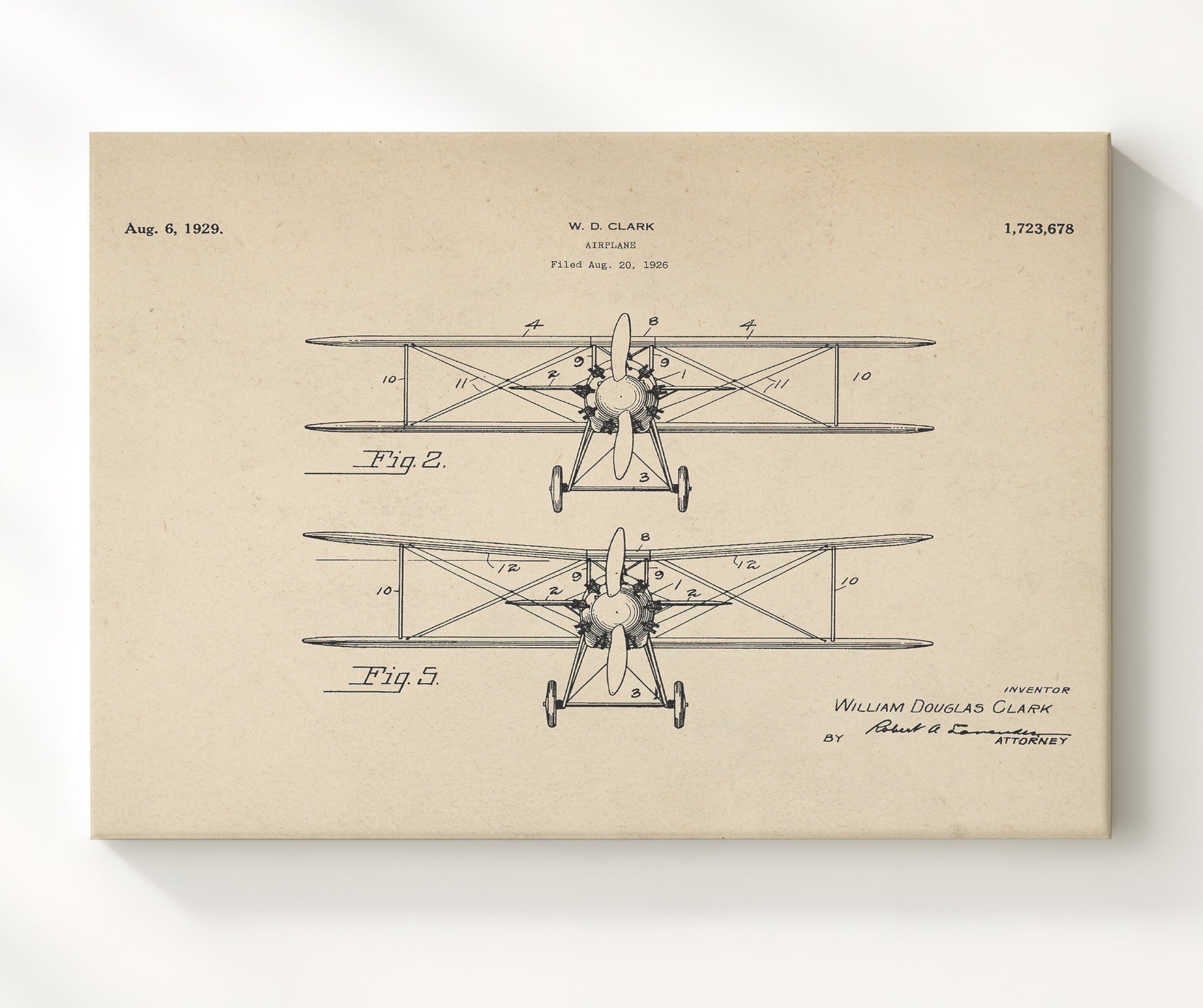 Patent Print - Airplane Biplane View - William Douglas Clark - 1929 - Patent 1723678 - Landscape Patent Wall Art