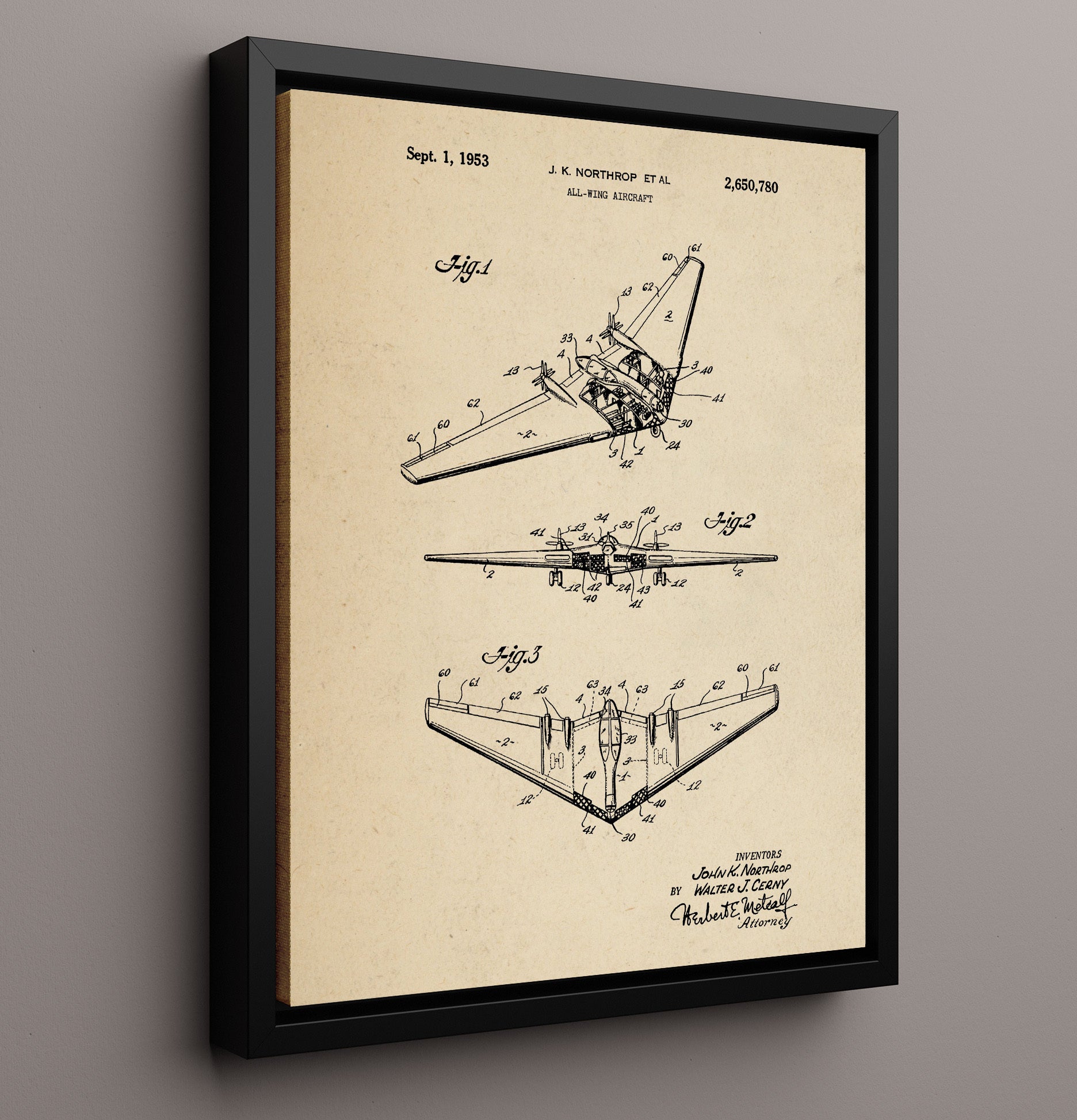 Patent Print - All-Wing Aircraft - John K Northrop Et Al - 1953 - Patent 2650780 Patent Wall Art