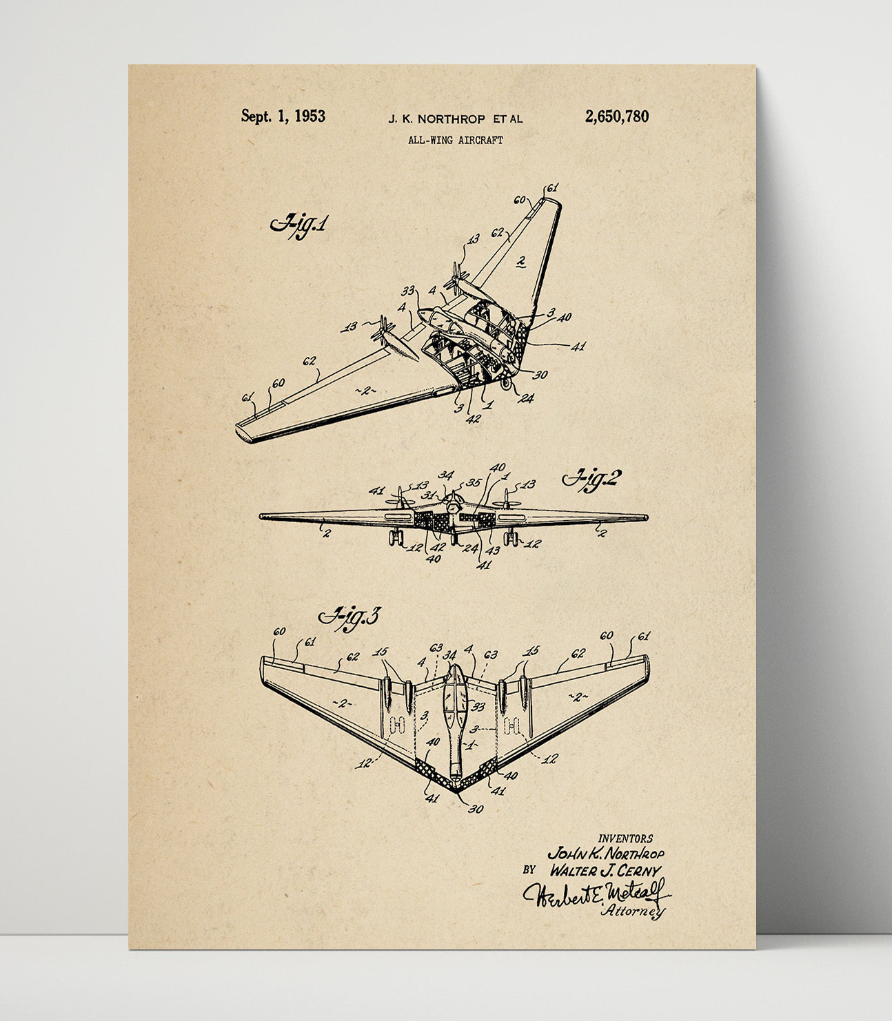 Patent Print - All-Wing Aircraft - John K Northrop Et Al - 1953 - Patent 2650780 Patent Wall Art