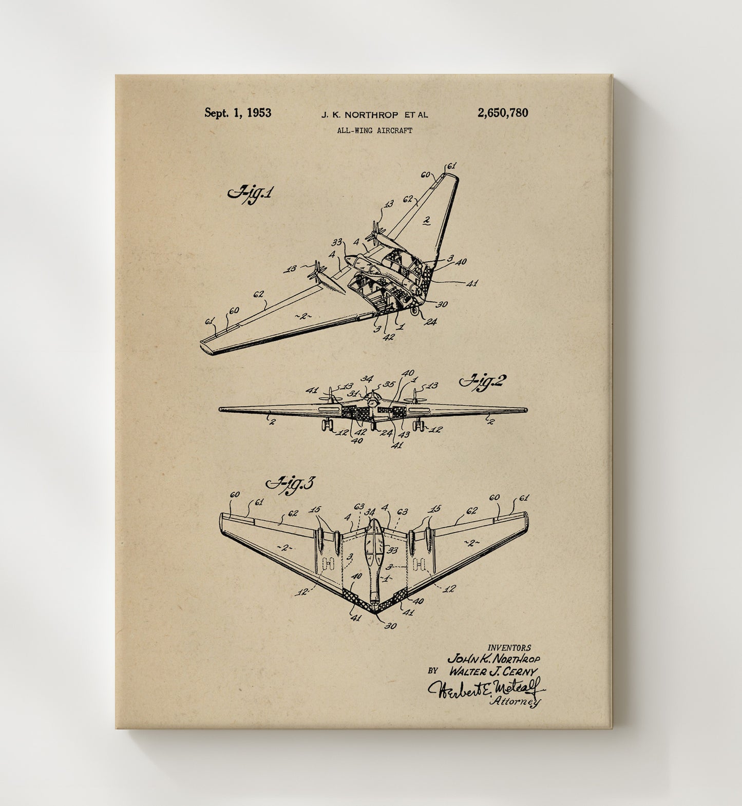 Patent Print - All-Wing Aircraft - John K Northrop Et Al - 1953 - Patent 2650780 Patent Wall Art
